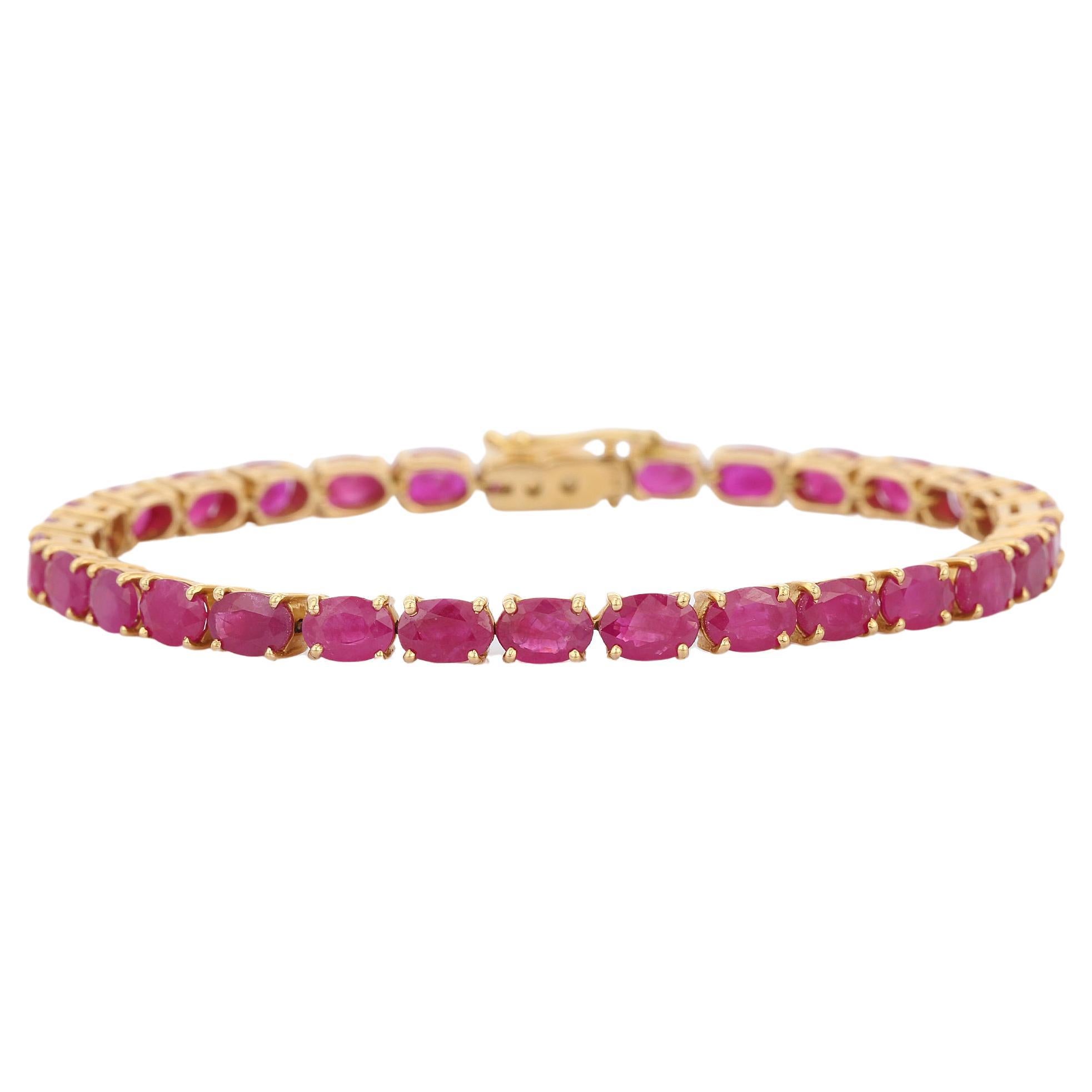 Vivid Gemstone Pink Ruby Tennis Bracelet in 18K Solid Yellow Gold For Sale