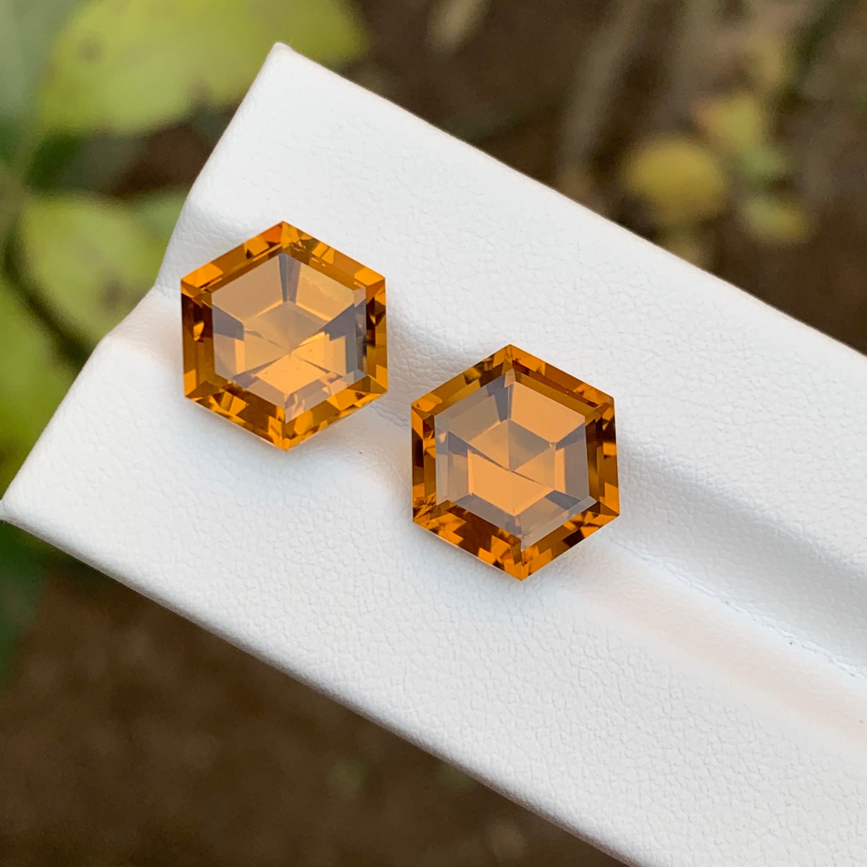 Vivid Golden Orange Natural Citrine Gemstones Pairs 13.30Ct Hexagon for Earrings For Sale 5
