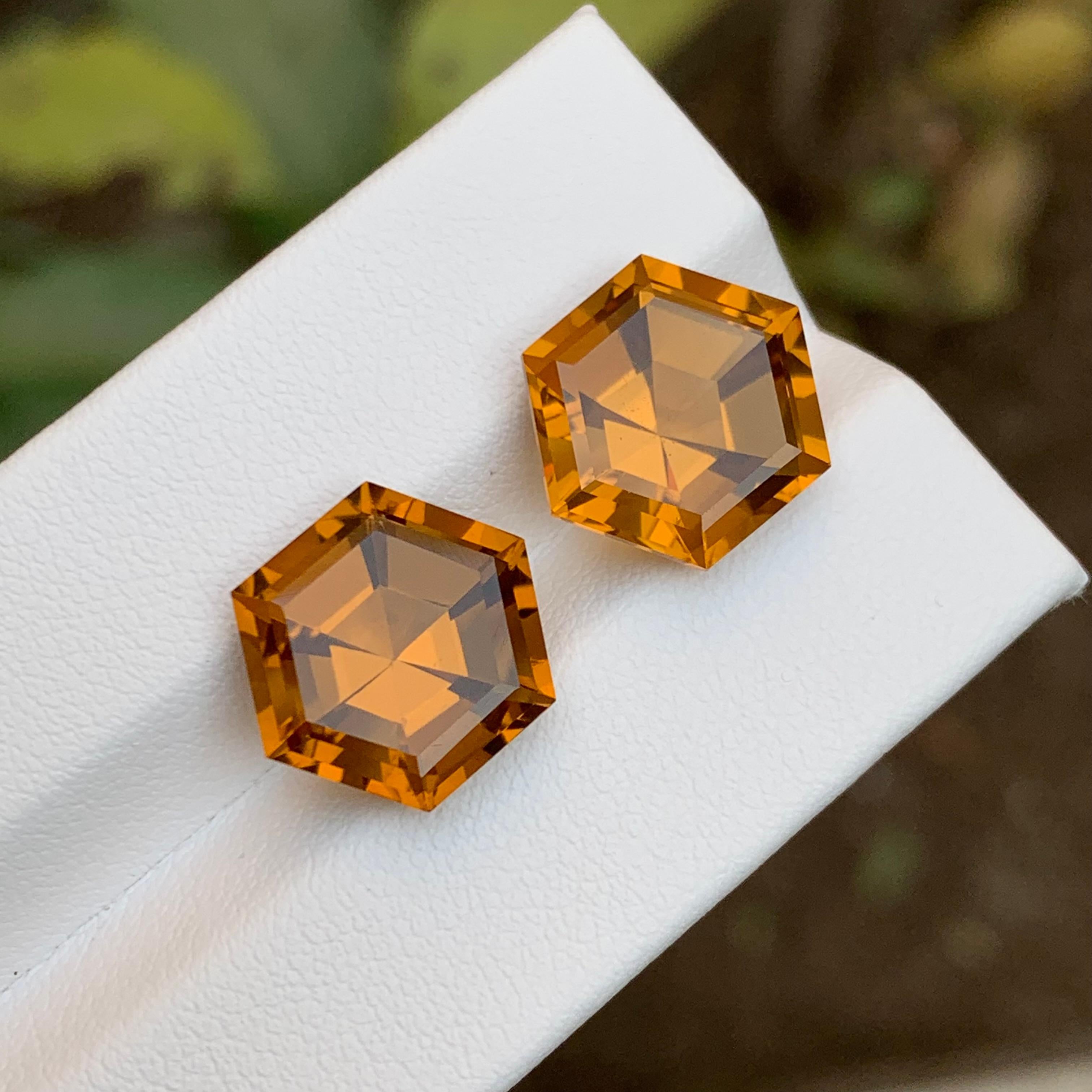 Vivid Golden Orange Natural Citrine Gemstones Pairs 13.30Ct Hexagon for Earrings For Sale 6