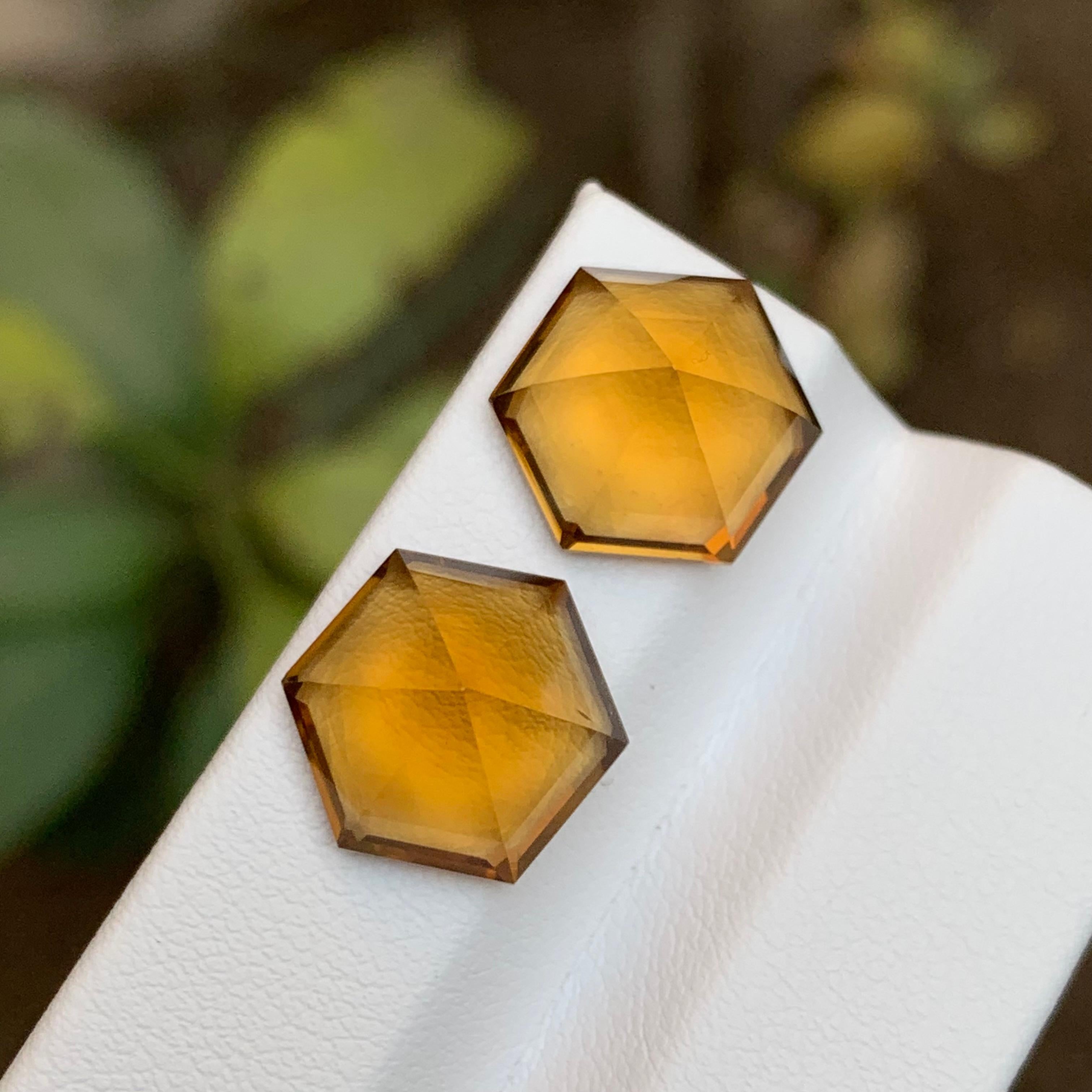 Contemporary Vivid Golden Orange Natural Citrine Gemstones Pairs 13.30Ct Hexagon for Earrings For Sale