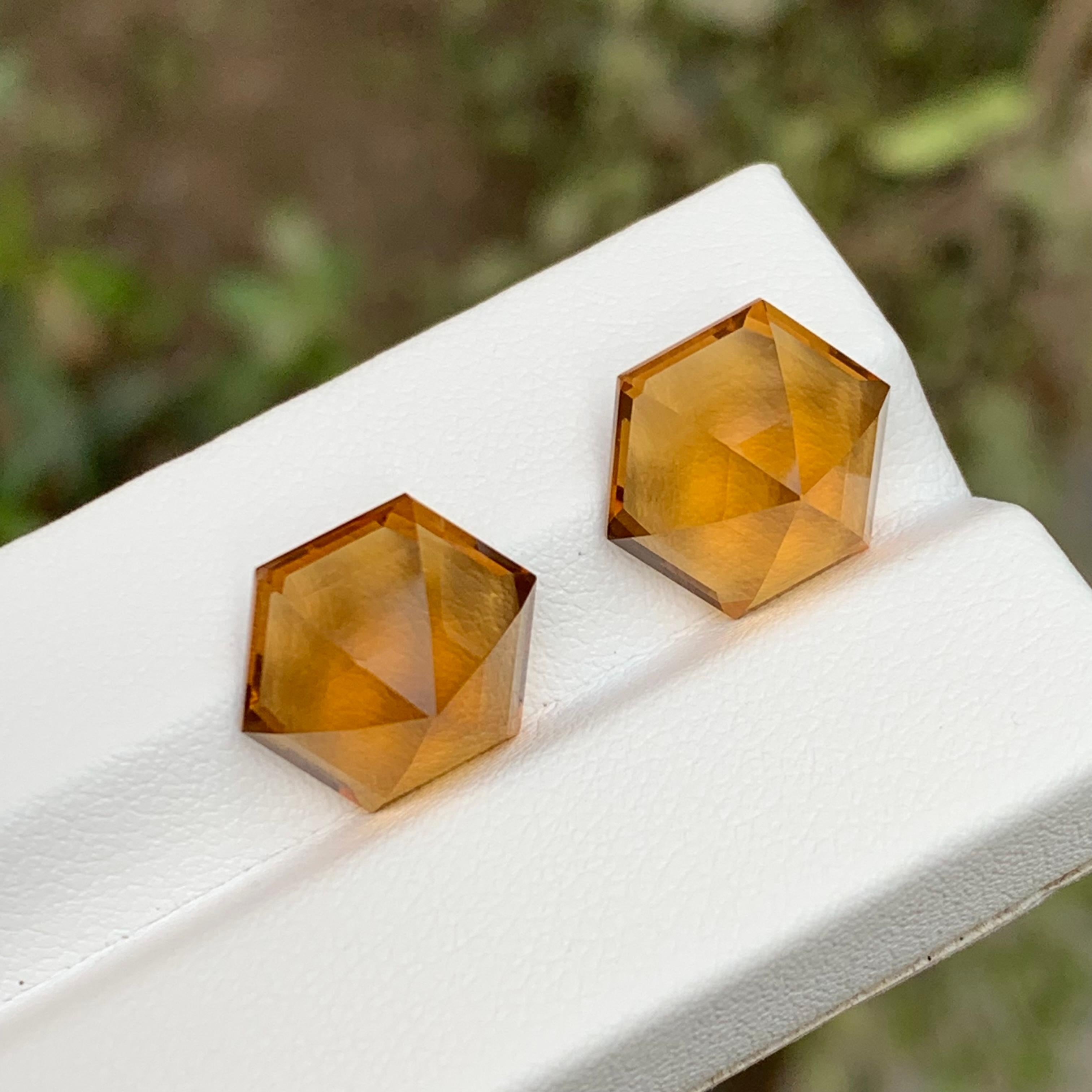 Hexagon Cut Vivid Golden Orange Natural Citrine Gemstones Pairs 13.30Ct Hexagon for Earrings For Sale