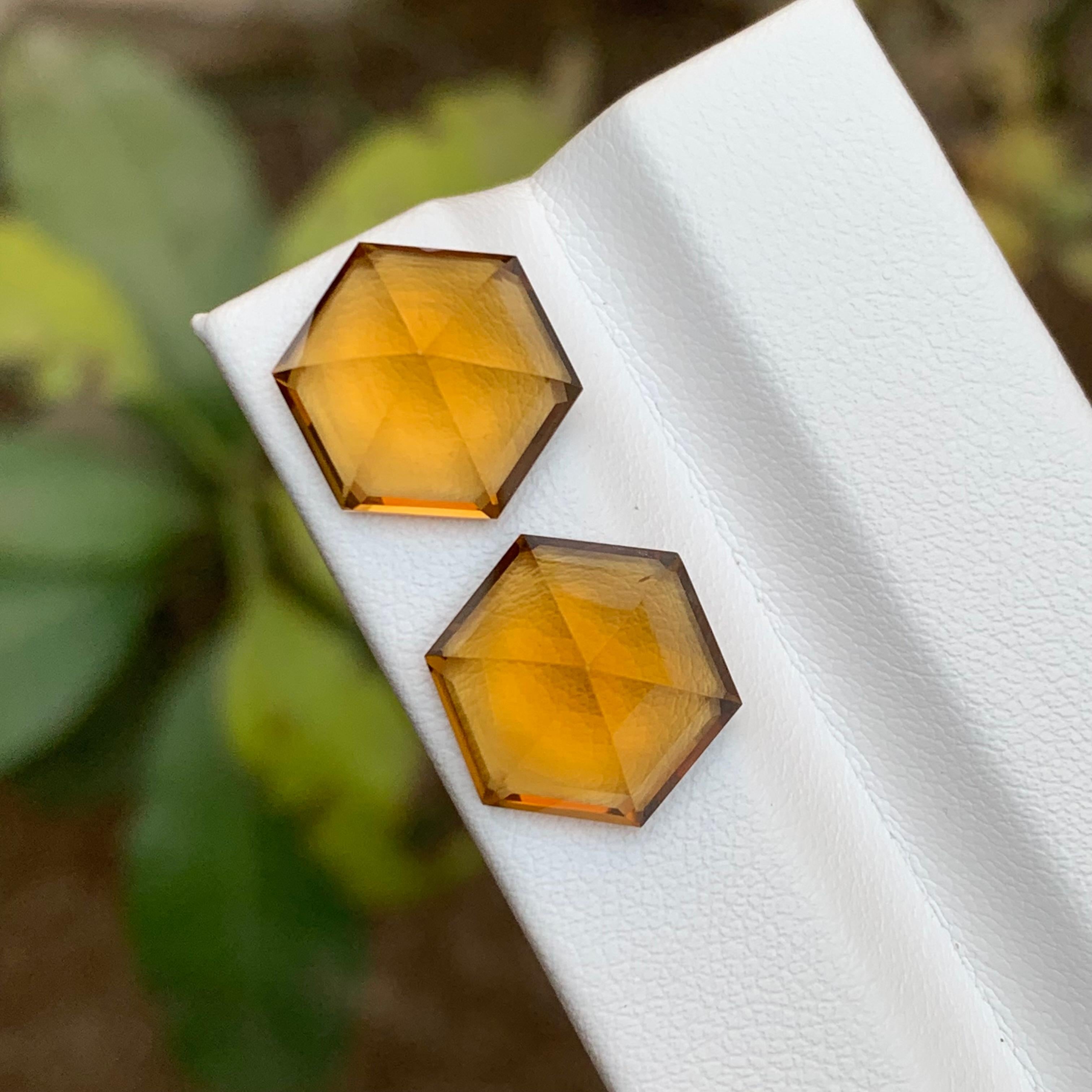 Women's or Men's Vivid Golden Orange Natural Citrine Gemstones Pairs 13.30Ct Hexagon for Earrings For Sale