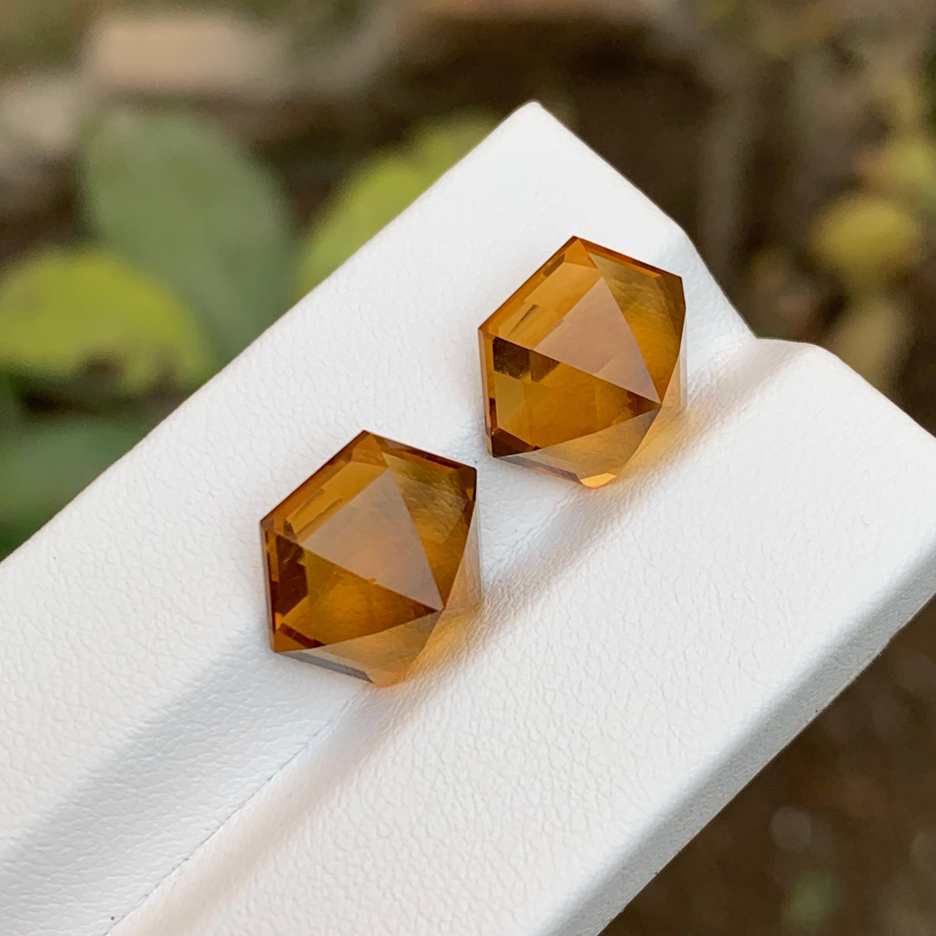 Vivid Golden Orange Natural Citrine Gemstones Pairs 13.30Ct Hexagon for Earrings For Sale 2