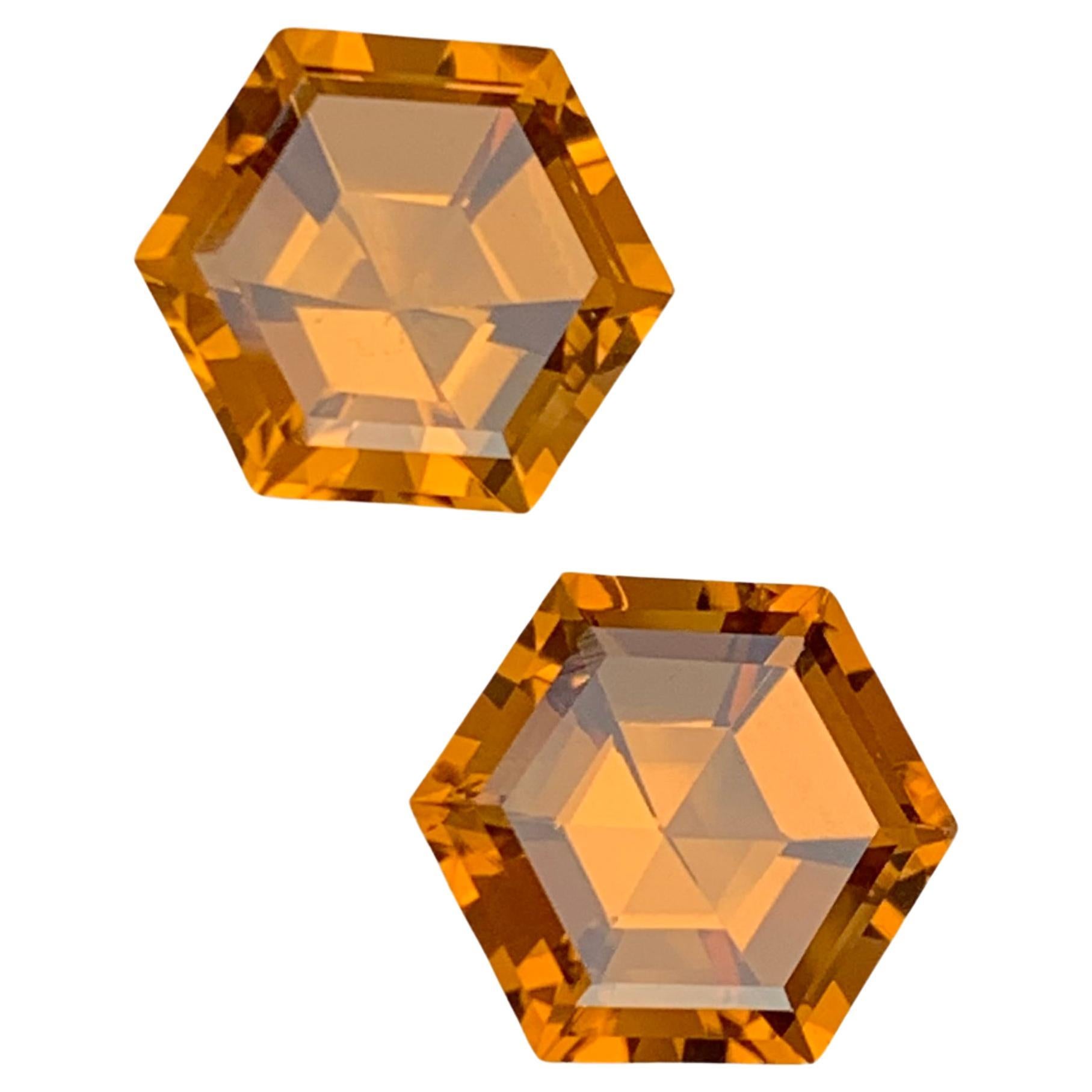 Vivid Golden Orange Natural Citrine Gemstones Pairs 13.30Ct Hexagon for Earrings For Sale