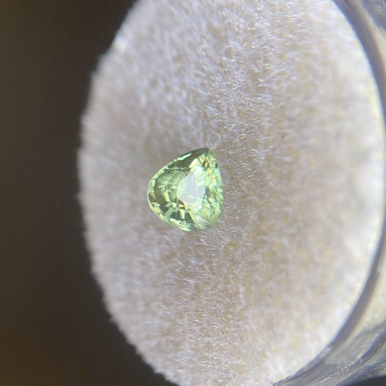Vivid Green Australia Sapphire 0.76ct Pear Cut Loose Gem 5.3 x 5mm

Natural Green Australian Sapphire Gemstone. 
0.76 Carat with a beautiful light yellowish green colour and very good clarity, a very clean stone with only some small natural