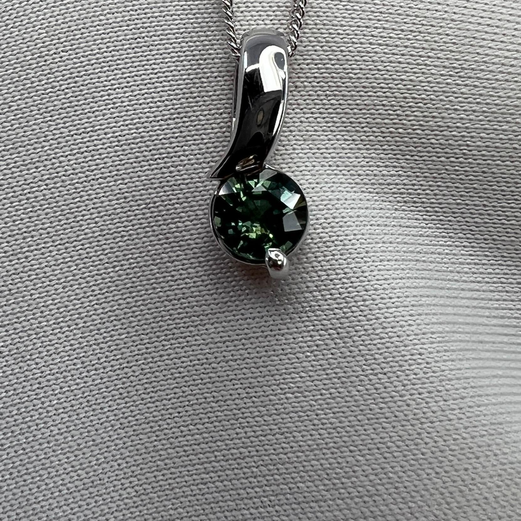 Vivid Green Blue Untreated Australian Sapphire 18k White Gold Solitaire Pendant In New Condition For Sale In Birmingham, GB