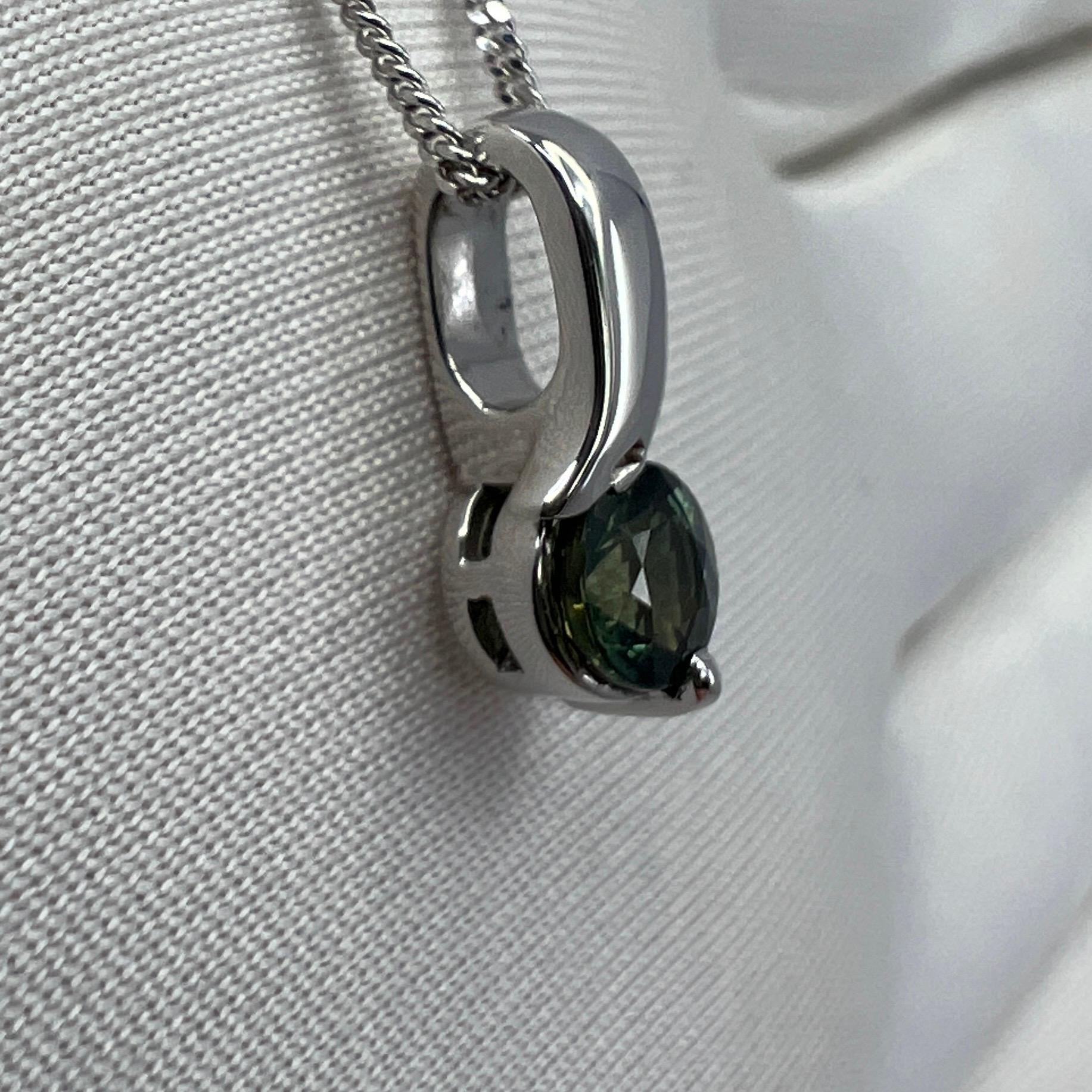 Vivid Green Blue Untreated Australian Sapphire 18k White Gold Solitaire Pendant For Sale 1