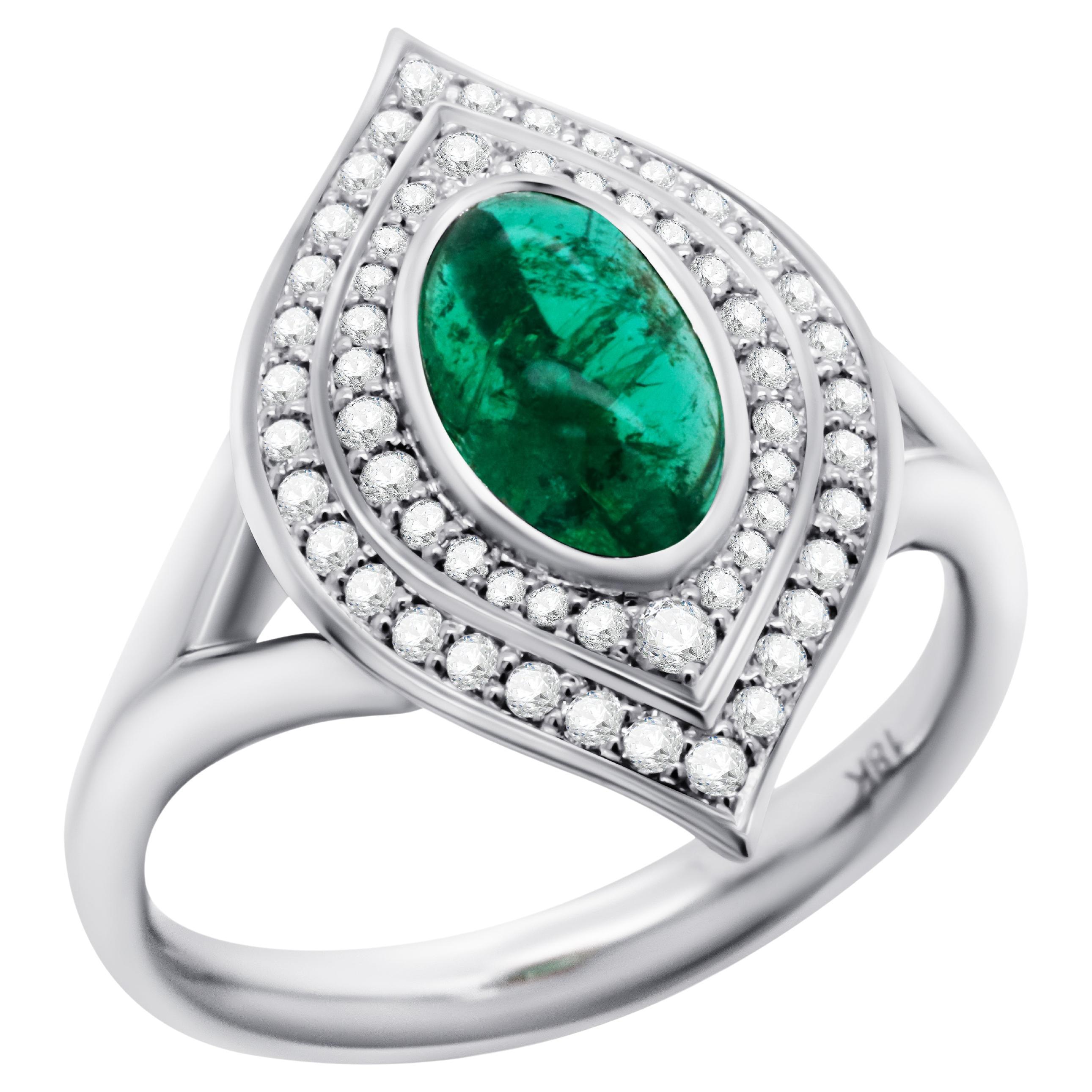 Vivid Green Cabochon Cut Russian Emerald 18K Gold Ring ICL Certified For Sale