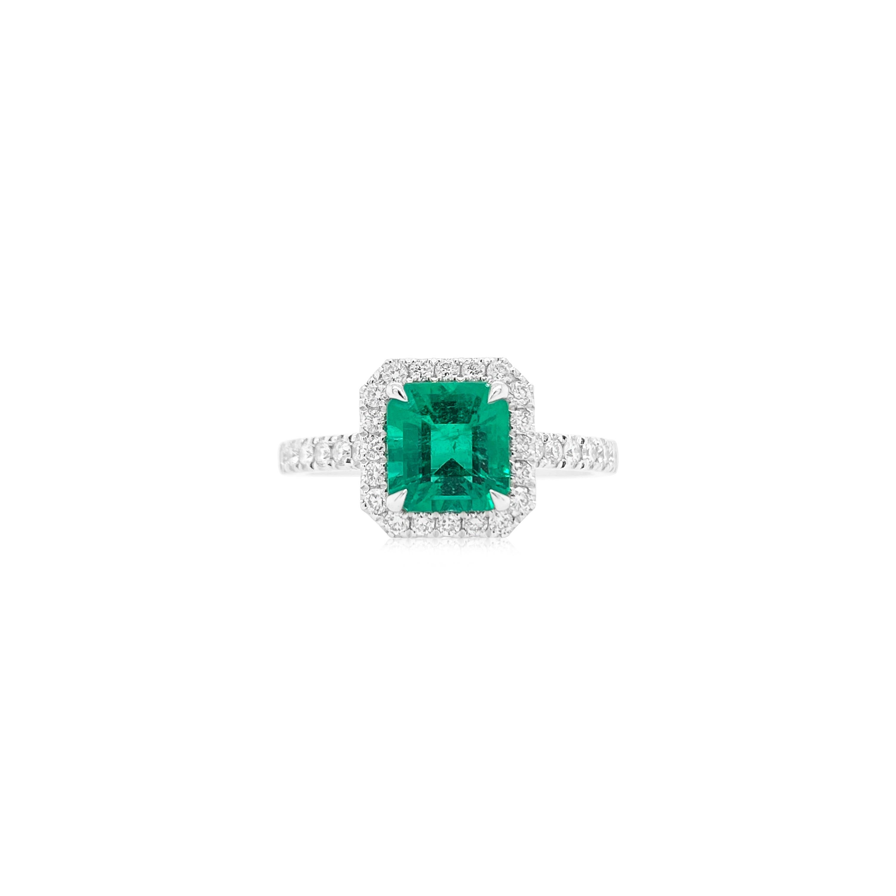 This vivid Green Colombian Emerald Ring is a true masterpiece with a rare center stone, with exceptional lustre and shine.

Natural Colombian Emerald - 1.24 cts
White Diamond - 0.33 cts
Comes with a CGL lab certificate 
Made in Platinum

HYT Jewelry