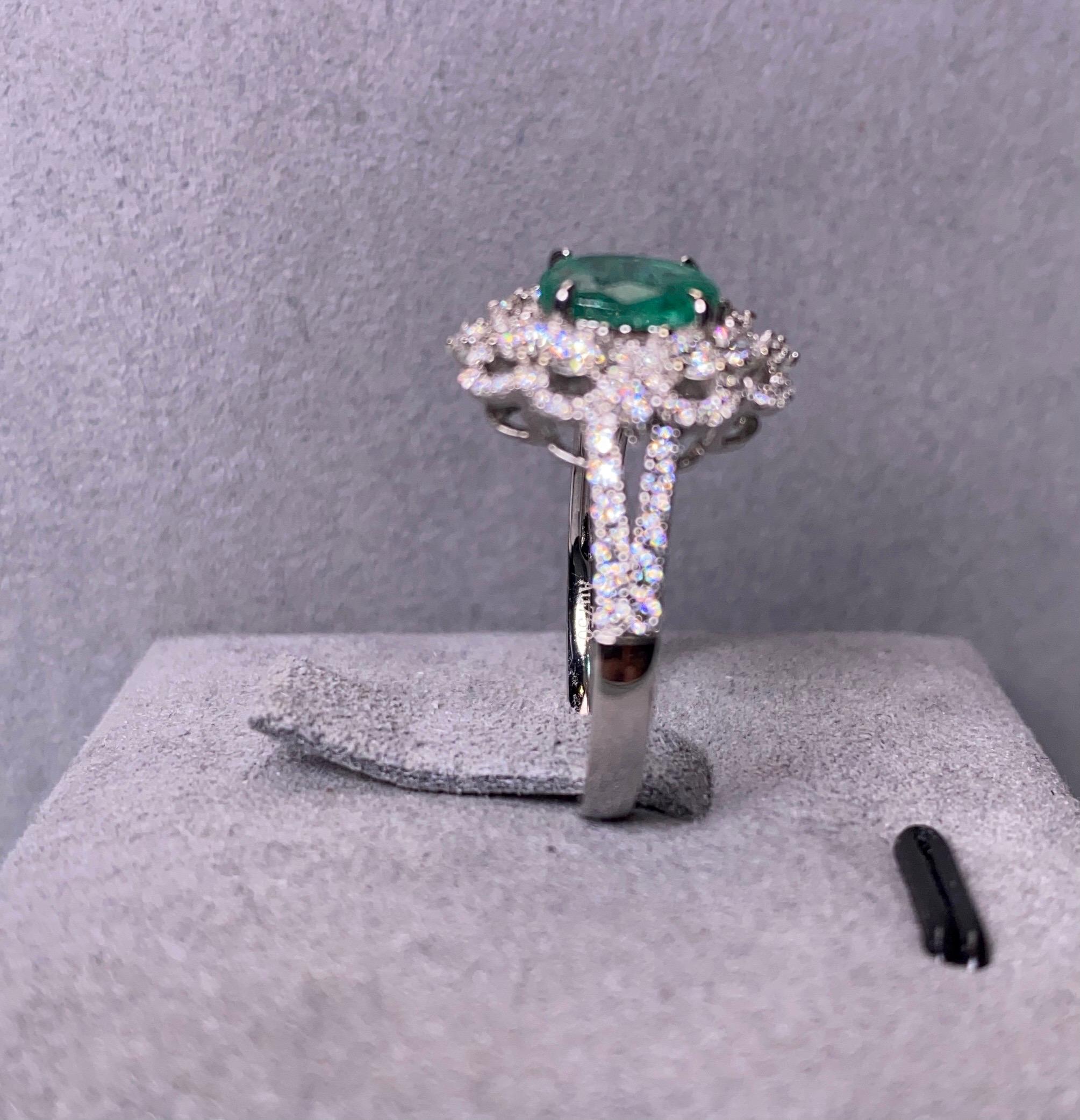 Contemporary Eostre Emerald and Diamond Ring in 18K White Gold For Sale