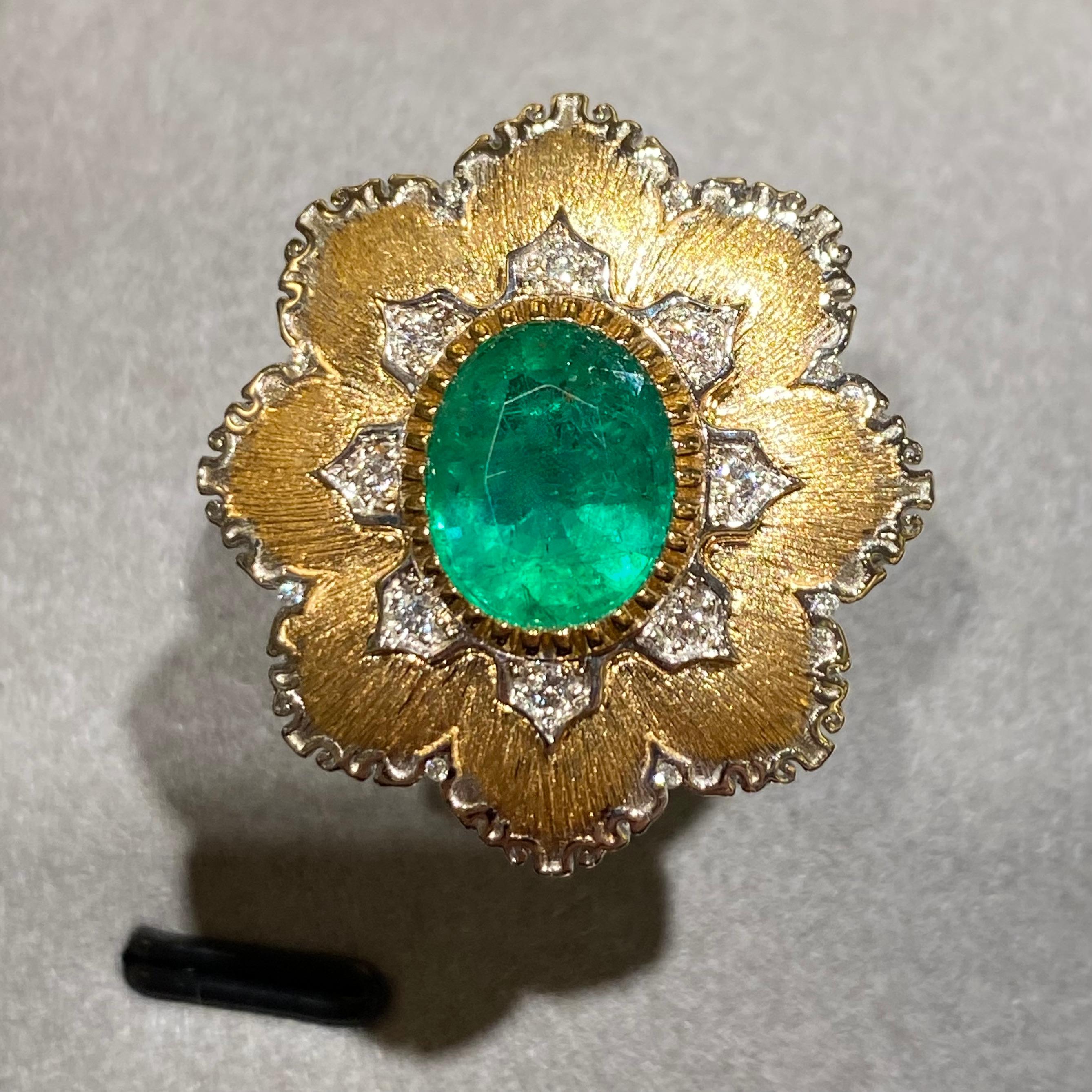This is flower motif modified cluster cocktail ring. The Emerald is first surrounded by Diamond pave then the textured yellow gold flower petals. This technique is well know in the Jewellery industry but haven't been seen very often in actual