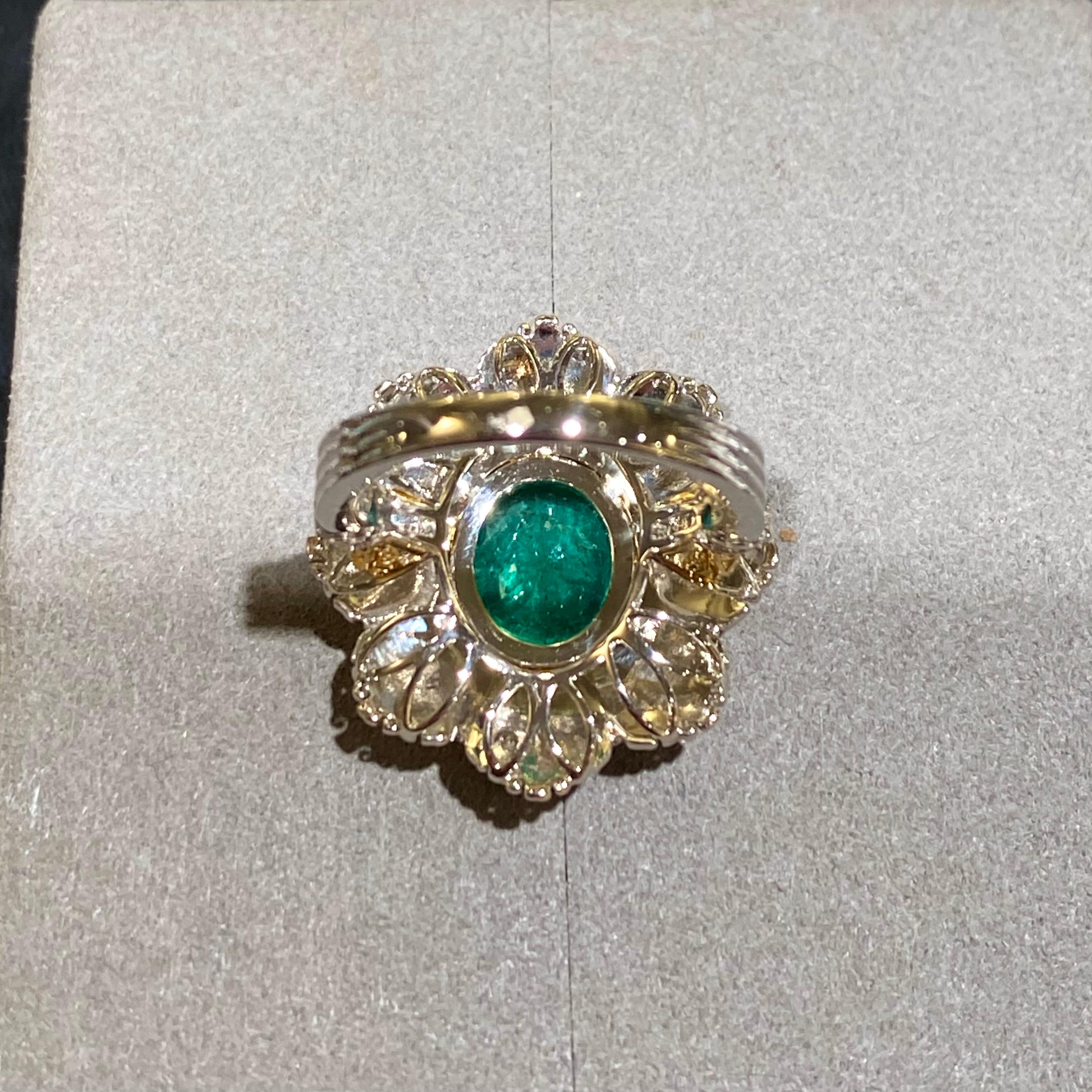Oval Cut  Emerald and Diamond Ring in 18K Yellow and White Gold For Sale