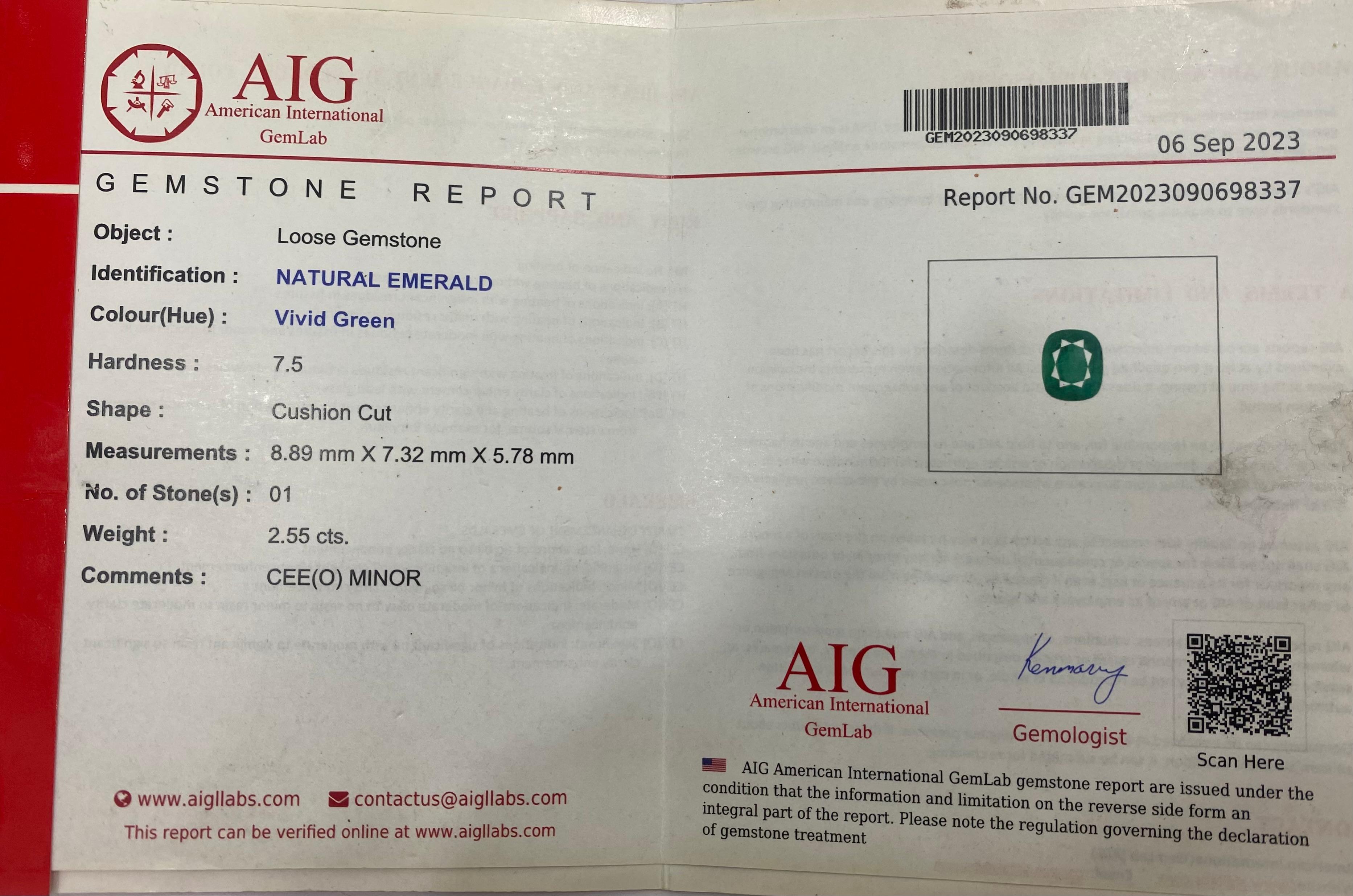 Smeraldo verde vivo da 2,55 carati, gemma naturale certificata, taglio a cuscino, Zambia in vendita 8