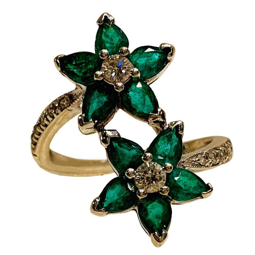 Vivid Green Emerald and Diamond 18 Karat White Gold Double Flower Ring