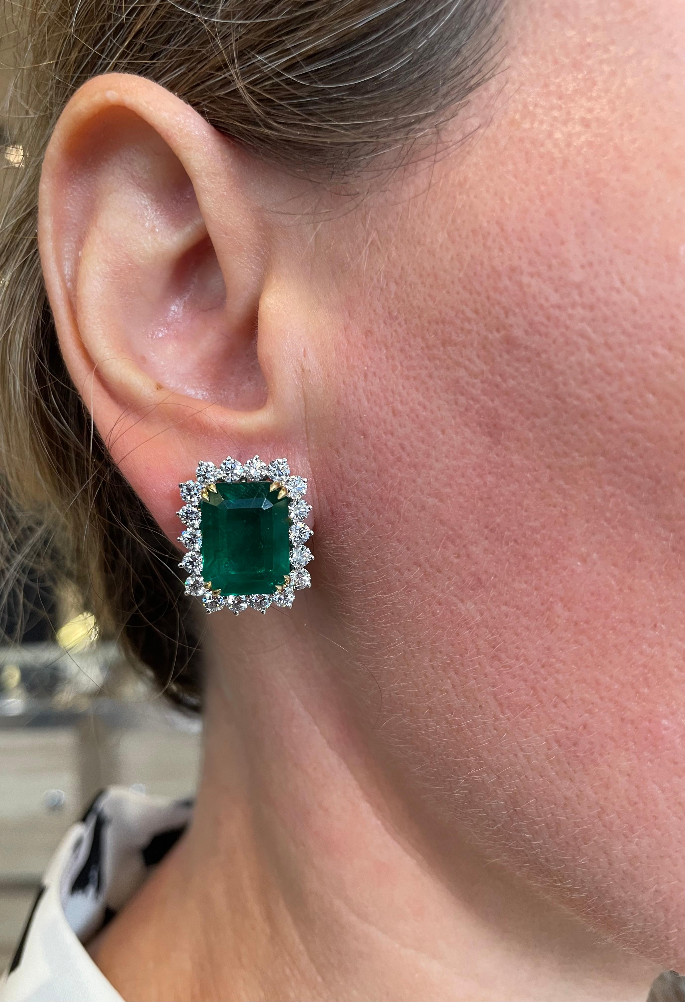 Vivid Green Emerald and Diamond Earrings For Sale 5