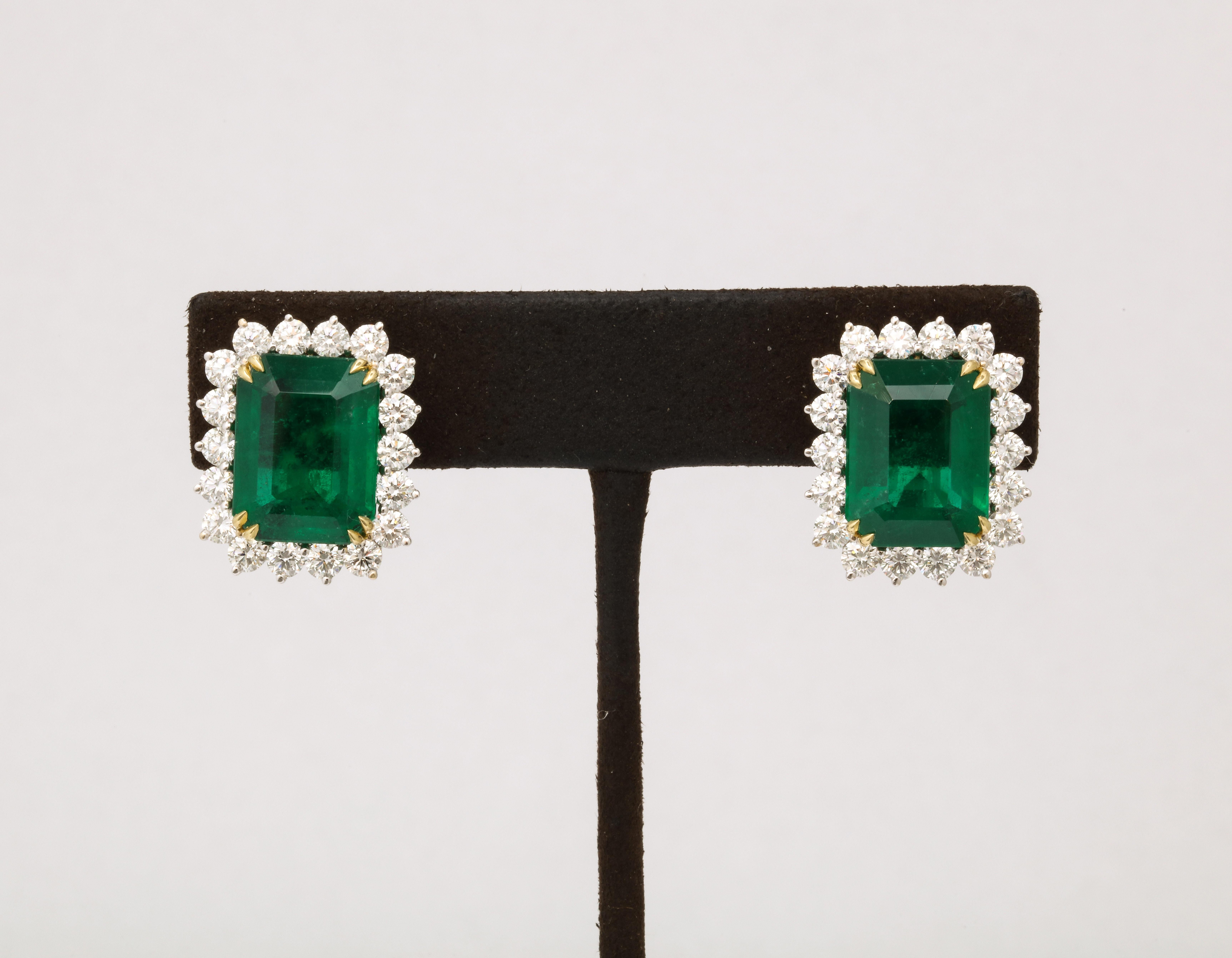 Emerald Cut Vivid Green Emerald and Diamond Earrings For Sale
