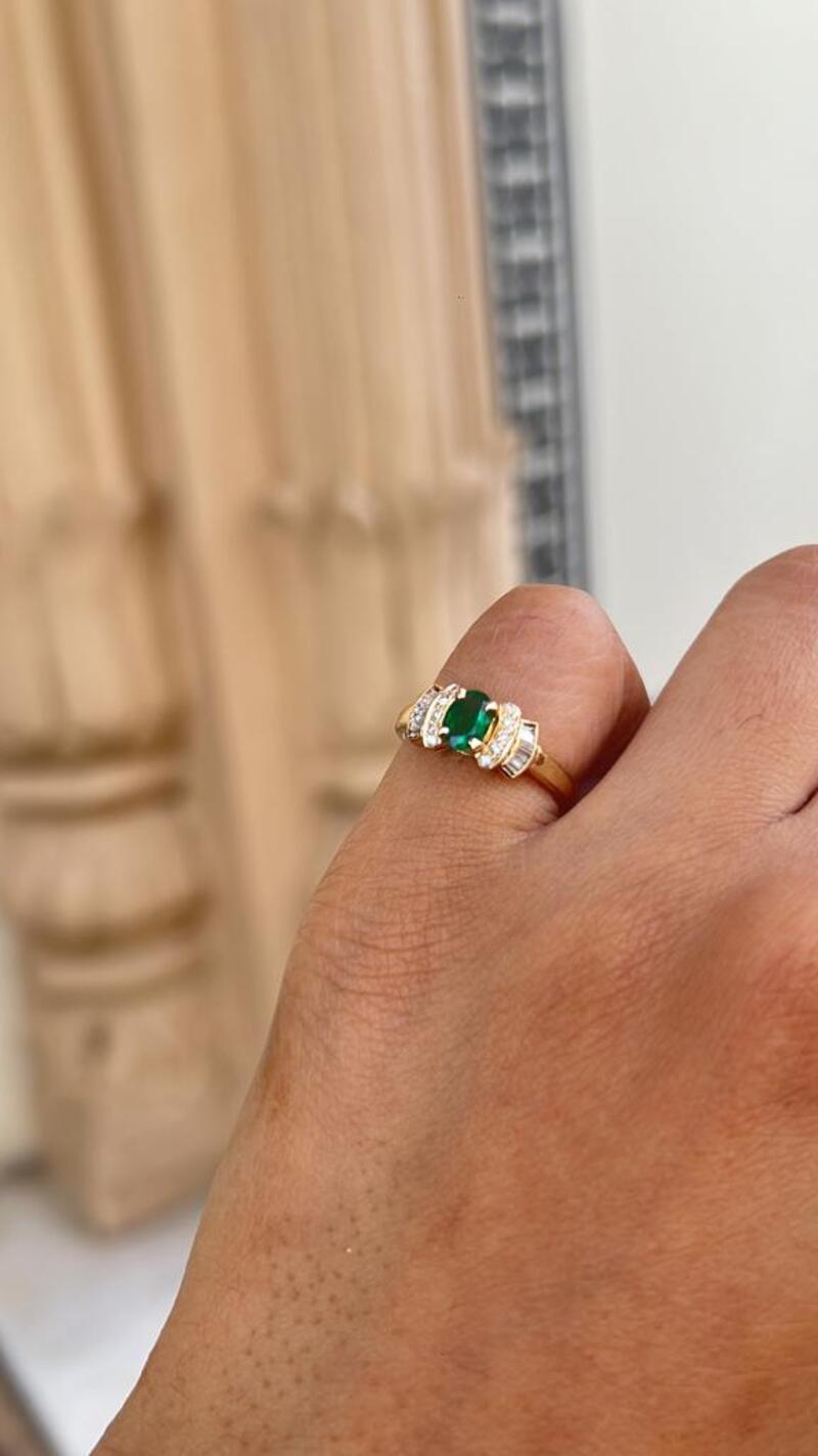 For Sale:  Vivid Green Emerald and Diamond Engagement Ring in 14K Yellow Gold for Her  3