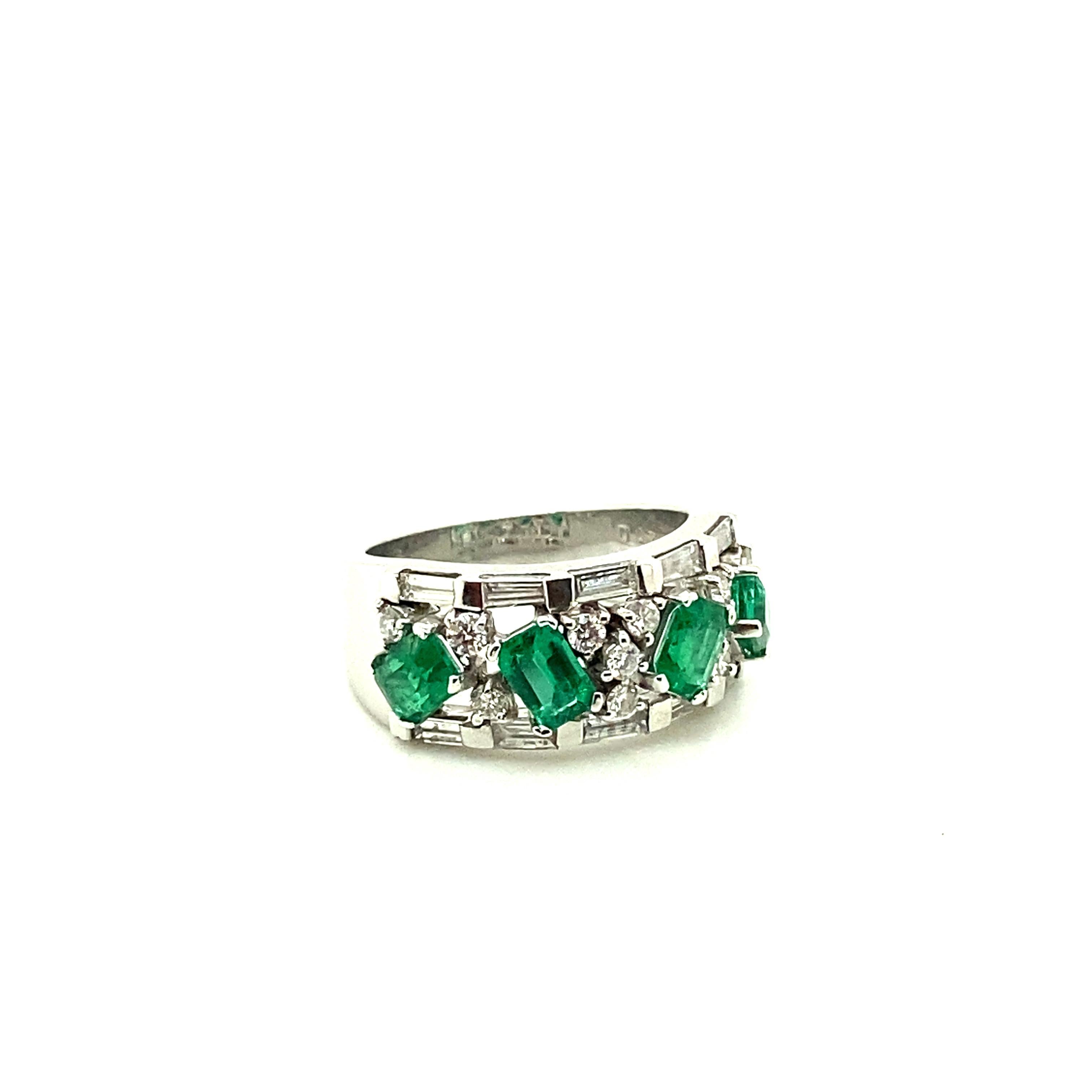 Emerald Cut Vivid Green Emerald and White Diamond Gold Eternity Engagement Ring For Sale