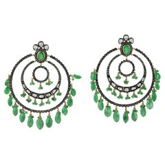 Vivid Green Emerald & Rosecut Diamonds Dangle Earrings Made In 14k Gold & Silver