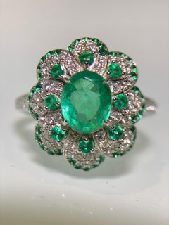 Vivid Green Emerald, Tsavorite and Diamond Ring in 18k Gold