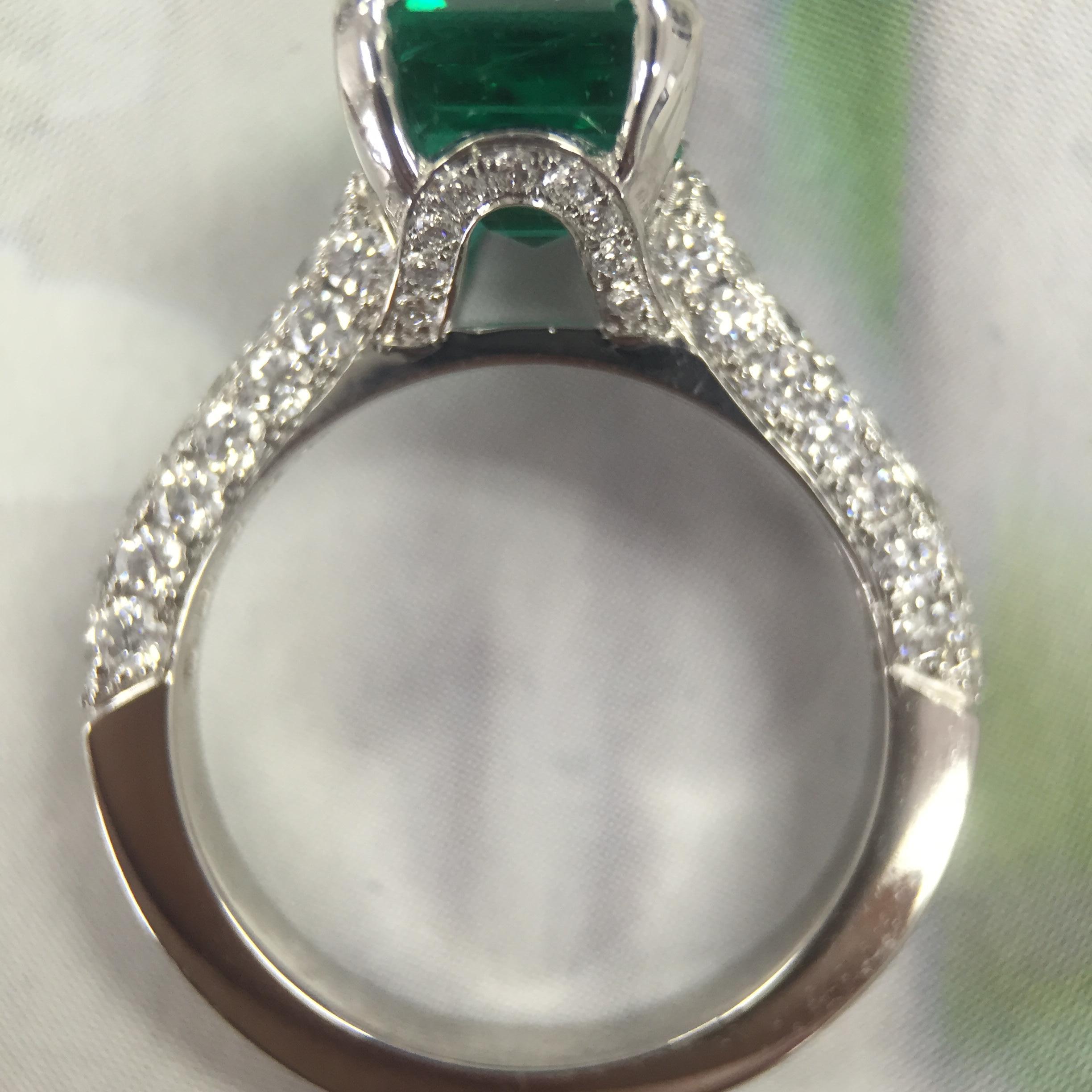 Contemporary Vivid Green Emerald with Pave Diamond Down Shank, 3 Carat and TW, Platinum For Sale