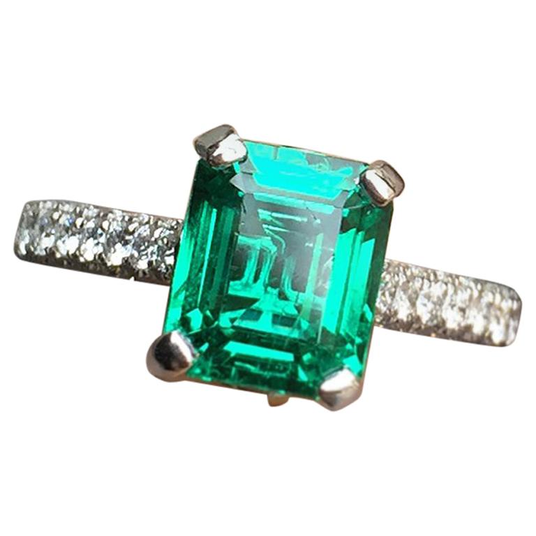 Vivid Green Emerald with Pave Diamond Down Shank, 3 Carat and TW, Platinum For Sale