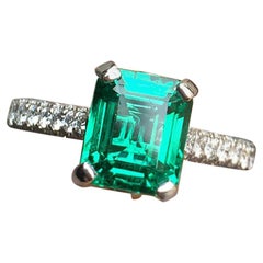 Vivid Green Emerald with Pave Diamond Down Shank, 3 Carat and TW, Platinum