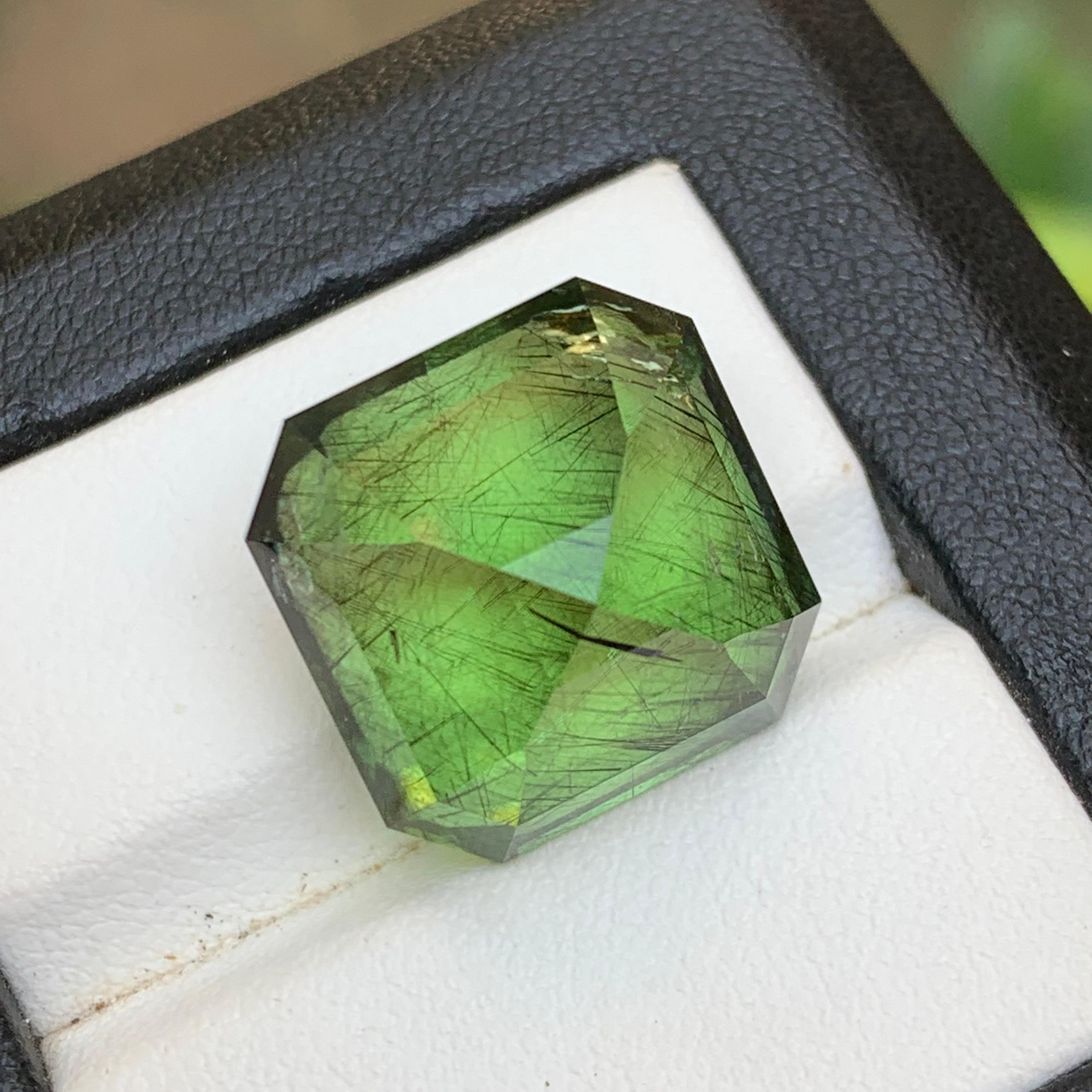 Women's or Men's Vivid Green Natural Rutile/Ludwigite Peridot Loose Gemstone 29.62 Ct Emerald Cut For Sale