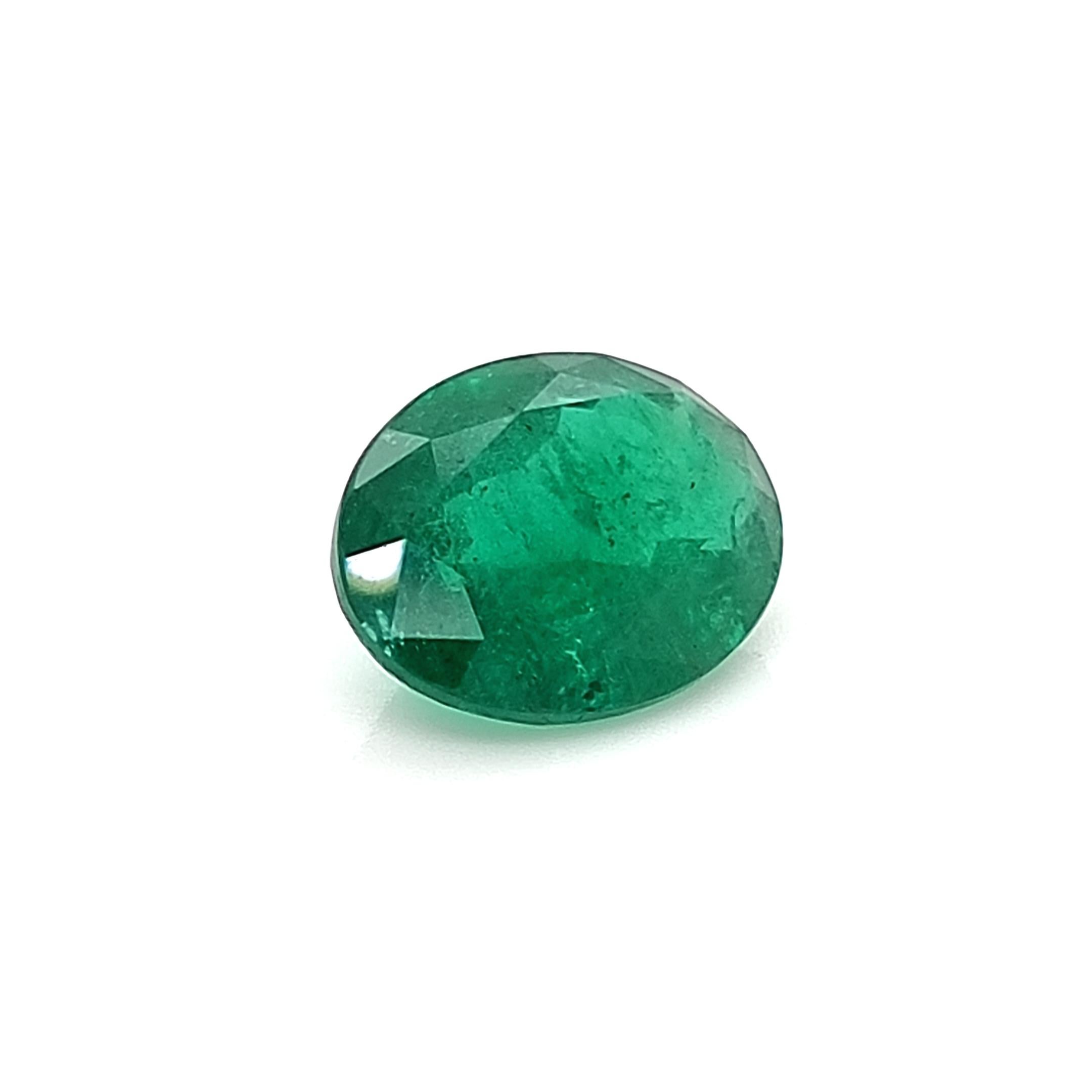 Oval emerald with minor treatment.

Zambian emerald.

15.87 x 12.21 x 6.77 mm 

7.97 carats

GFCO Certificate