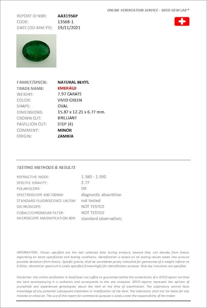Women's or Men's Vivid Green Oval Zambian Emerald 7.97 TCW For Sale
