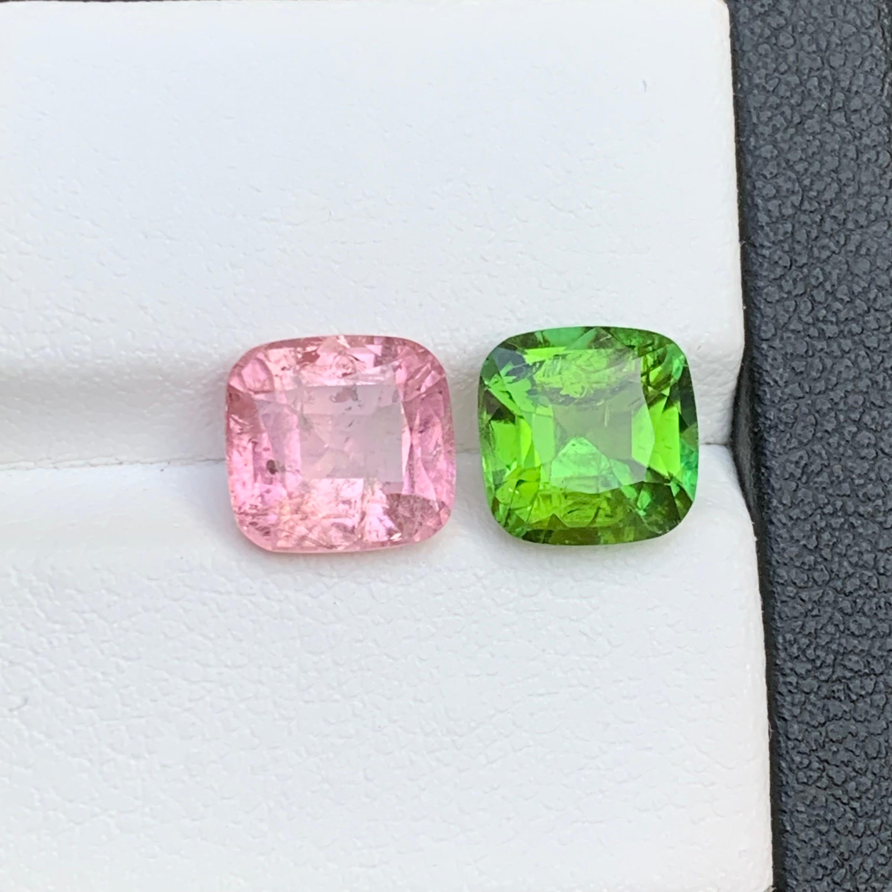 Verde vivo y rosa turmalina natural suelta Gemston Par inverso 5,65 Ct-Joyería Corte cojín en venta