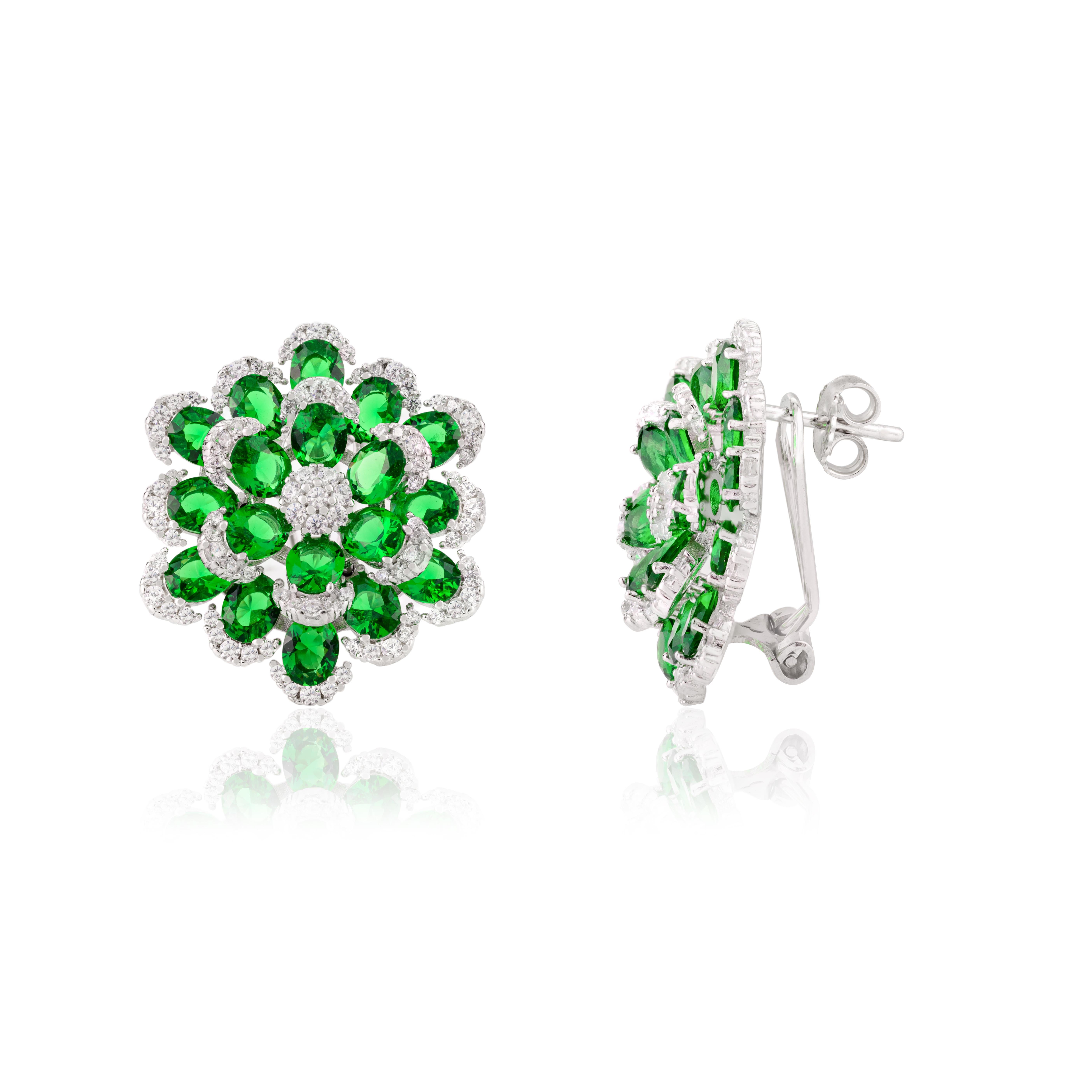 Art Deco Vivid Green Statement Rhinestone Floral Stud Earrings in Sterling Silver for Mom For Sale