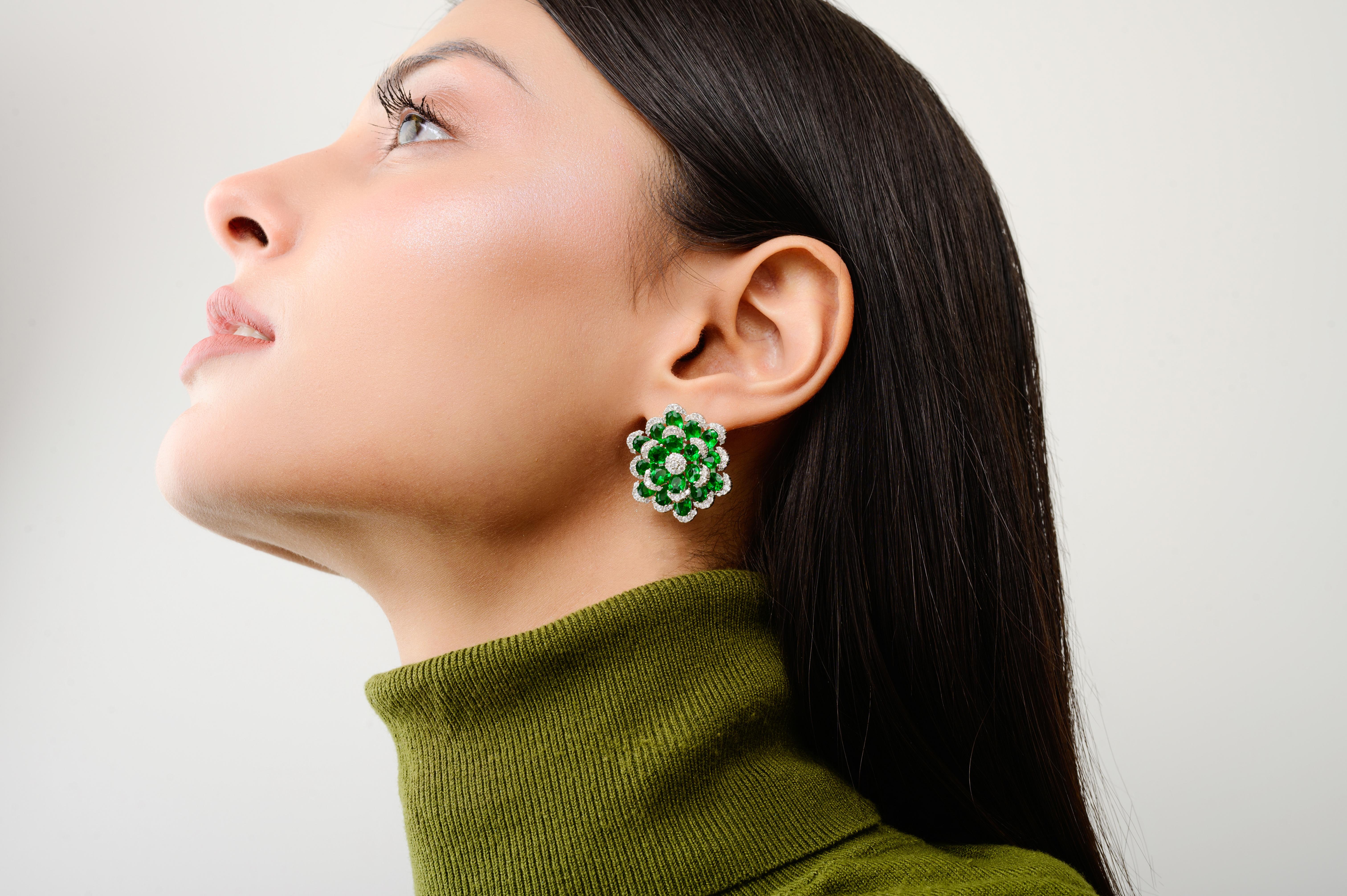 Mixed Cut Vivid Green Statement Rhinestone Floral Stud Earrings in Sterling Silver for Mom For Sale
