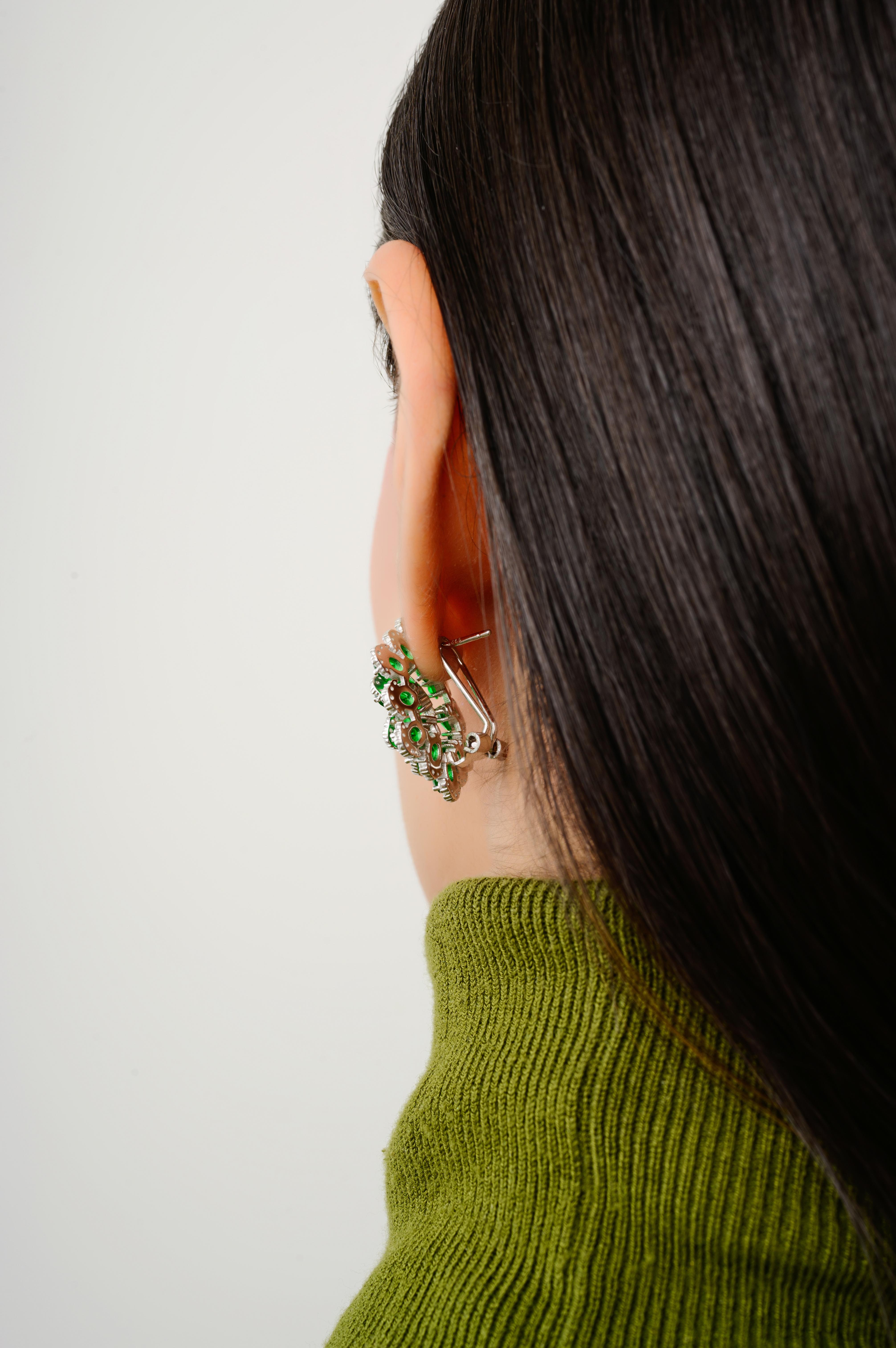 Women's Vivid Green Statement Rhinestone Floral Stud Earrings in Sterling Silver for Mom For Sale