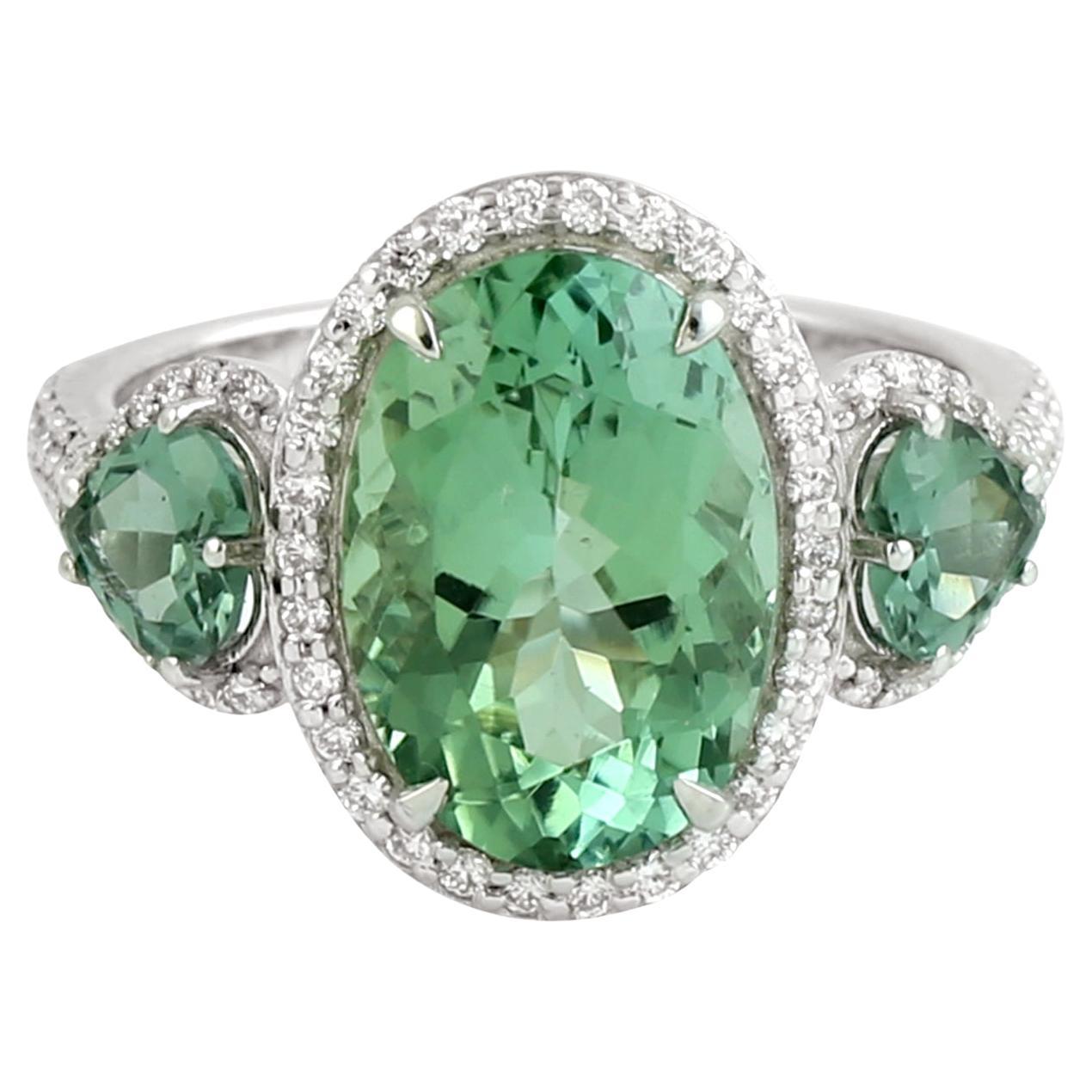 Vivid Mint Tourmaline 3 Stone Ring With Diamonds Made In 18k White Gold