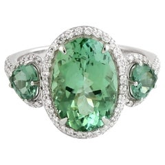 Vivid Mint Tourmaline 3 Stone Ring With Diamonds Made In 18k White Gold