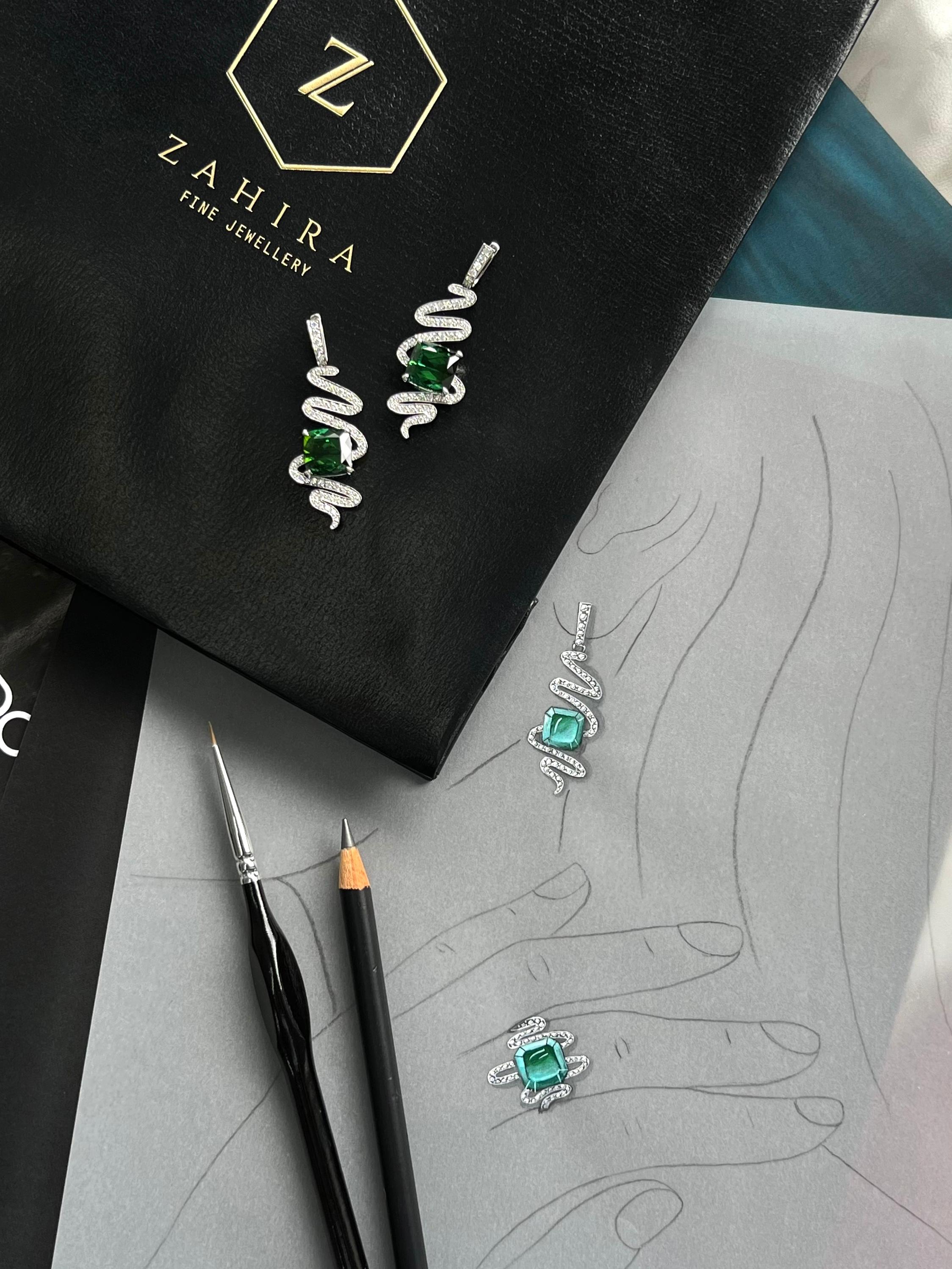Emerald Cut Vivid Brazilian Green Tourmaline and Diamond Spiral Earrings in 18k White Gold  For Sale