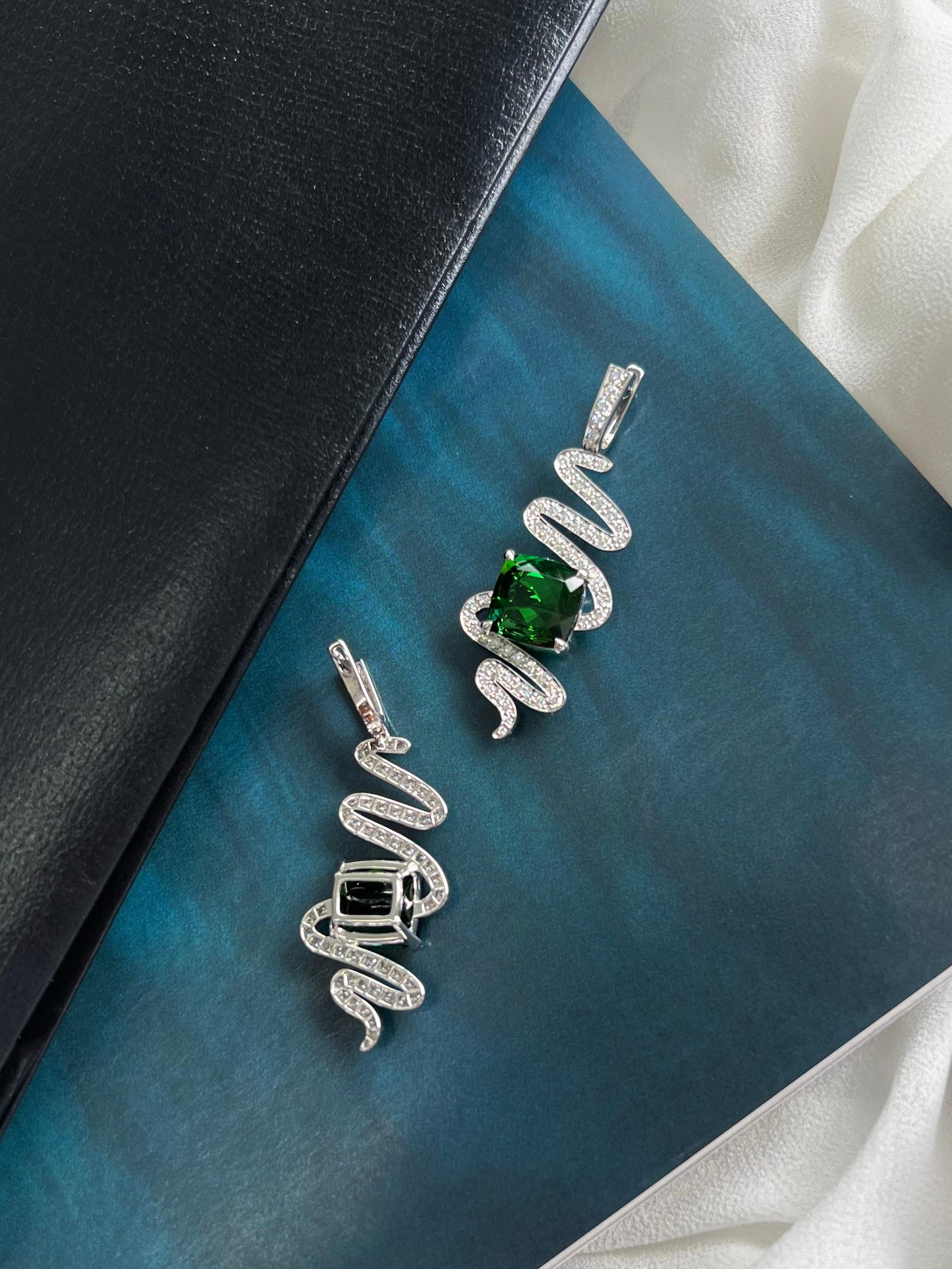 Women's Vivid Brazilian Green Tourmaline and Diamond Spiral Earrings in 18k White Gold  For Sale