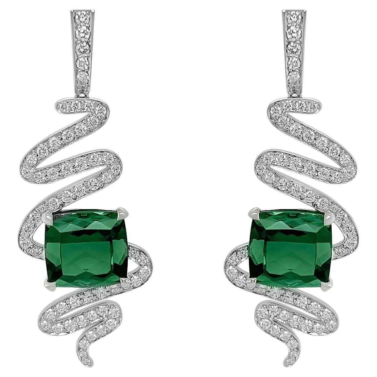Vivid Brazilian Green Tourmaline and Diamond Spiral Earrings in 18k White Gold  For Sale