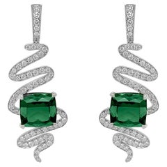 Vivid Brazilian Green Tourmaline and Diamond Spiral Earrings in 18k White Gold 