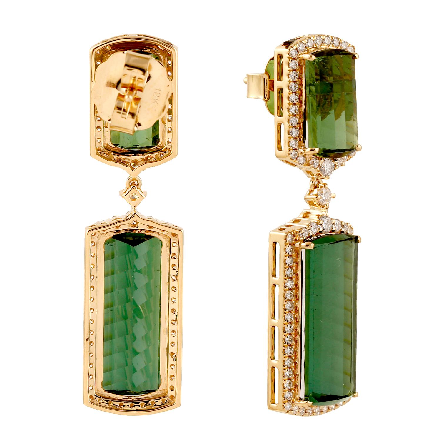 Mixed Cut Vivid Green Tourmaline Dangle Earrings With Diamonds Made In 18k Yellow Gold For Sale