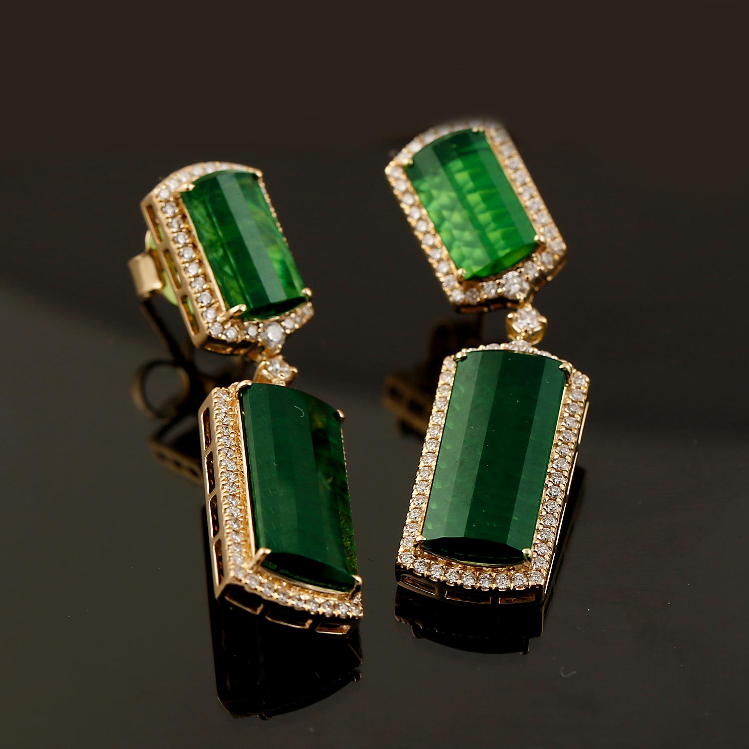 Women's Vivid Green Tourmaline Dangle Earrings With Diamonds Made In 18k Yellow Gold For Sale