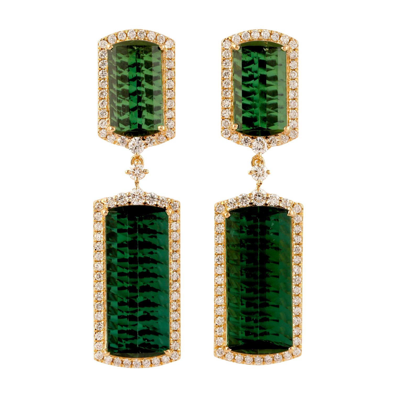 Vivid Green Tourmaline Dangle Earrings With Diamonds Made In 18k Yellow Gold For Sale 1