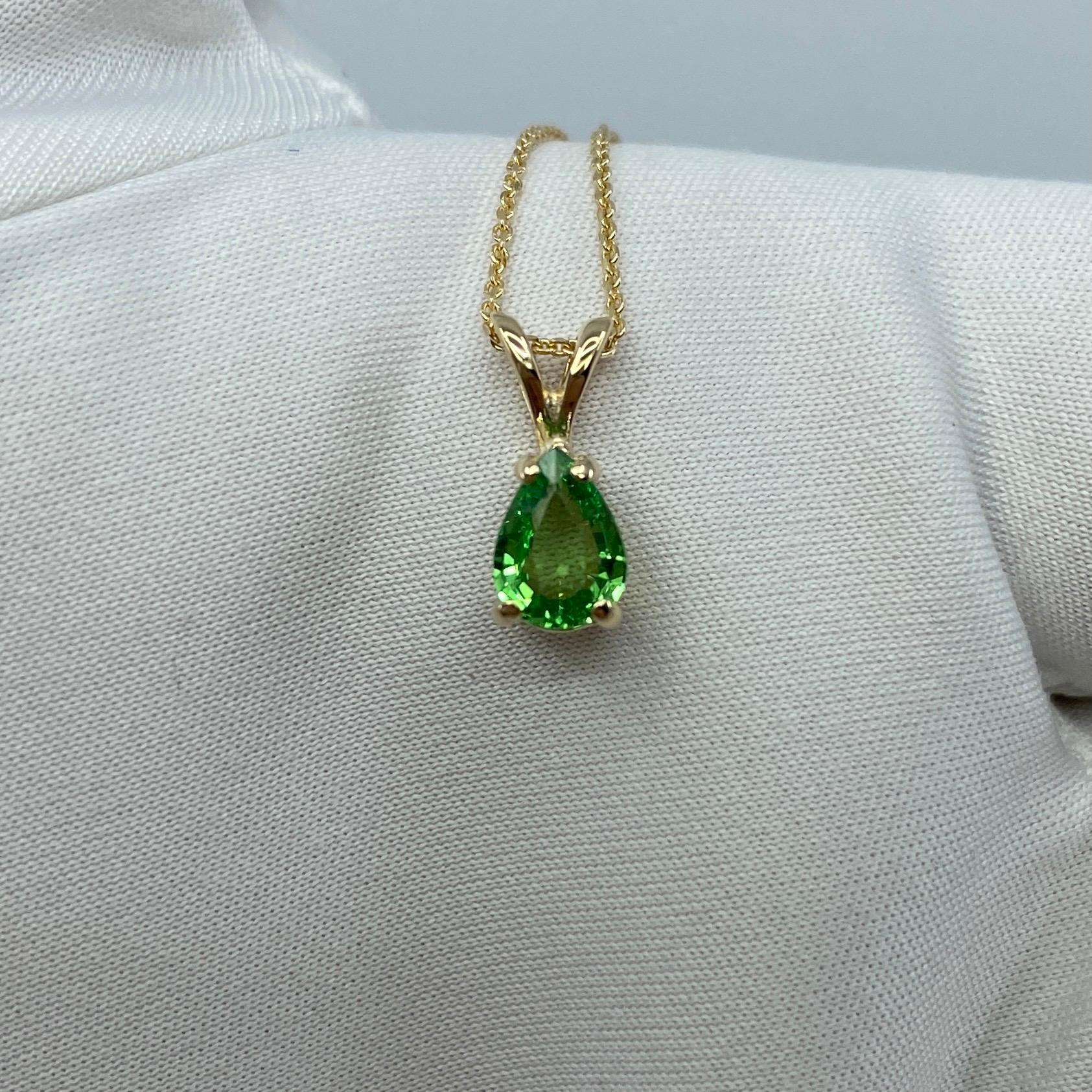 Vivid Green Tsavorite Garnet 0.75 Carat Pear Cut Yellow Gold Solitaire Pendant 8