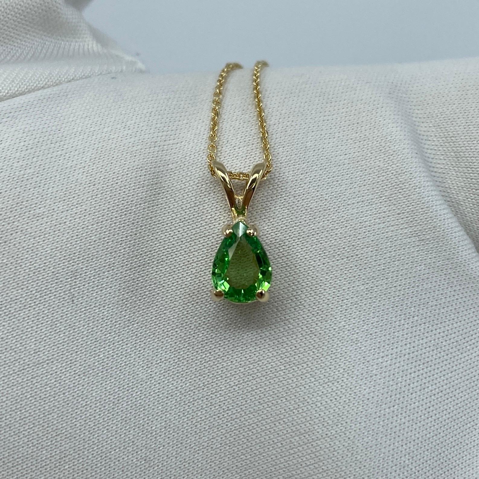 Vivid Green Tsavorite Garnet 0.75 Carat Pear Cut Yellow Gold Solitaire Pendant 1