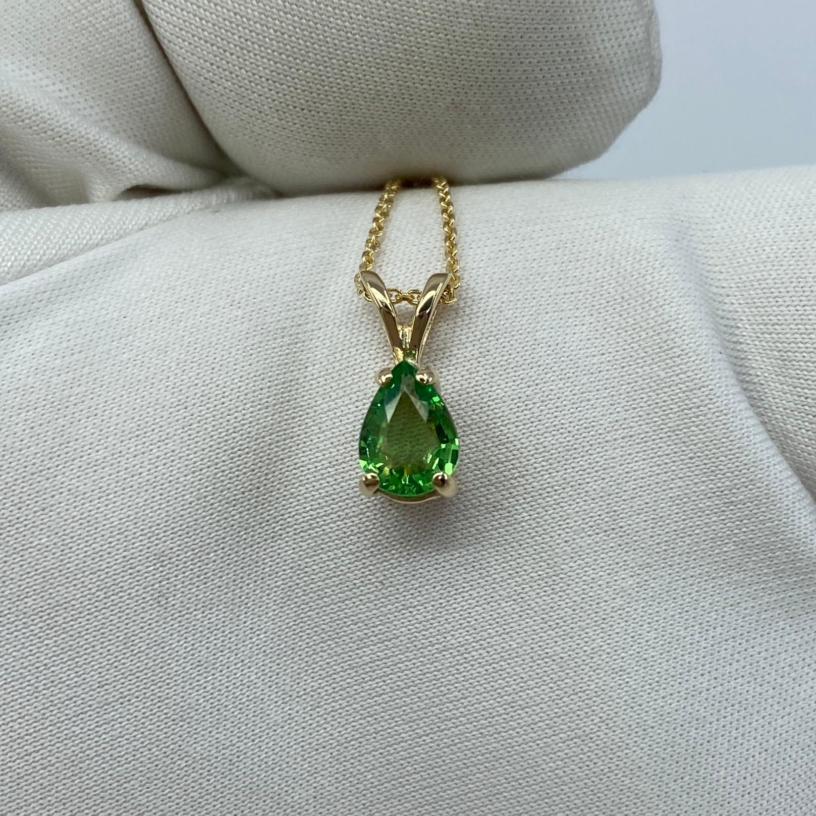 Vivid Green Tsavorite Garnet 0.75 Carat Pear Cut Yellow Gold Solitaire Pendant 4