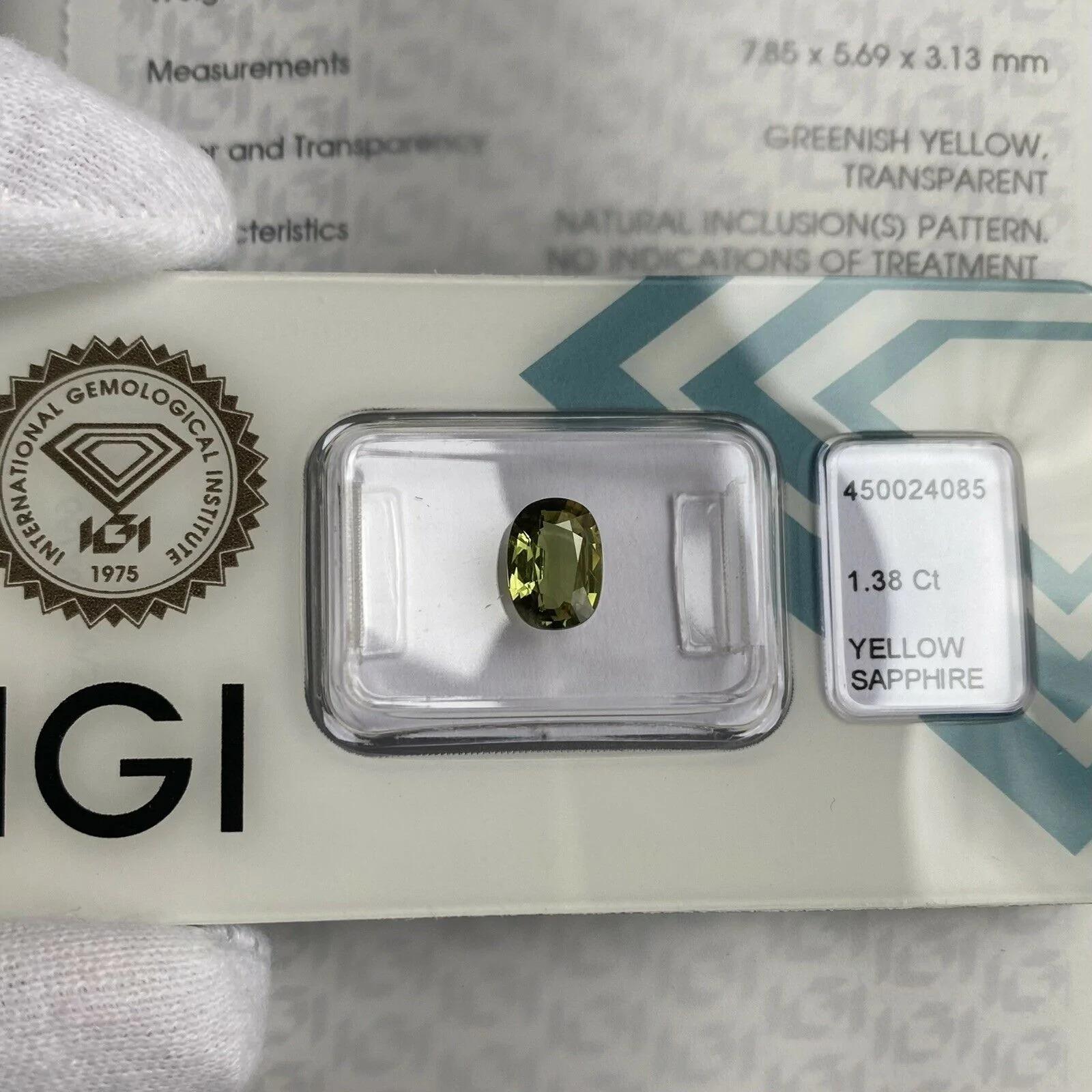Vivid Green Yellow Sapphire 1.38ct Untreated Rare IGI Certified Oval Cut Blister

Vivid Greenish Yellow Sapphire In IGI Blister. 
1.38 Carat with a very good oval cut and good clarity, clean stone with only some small natural inclusions visible when