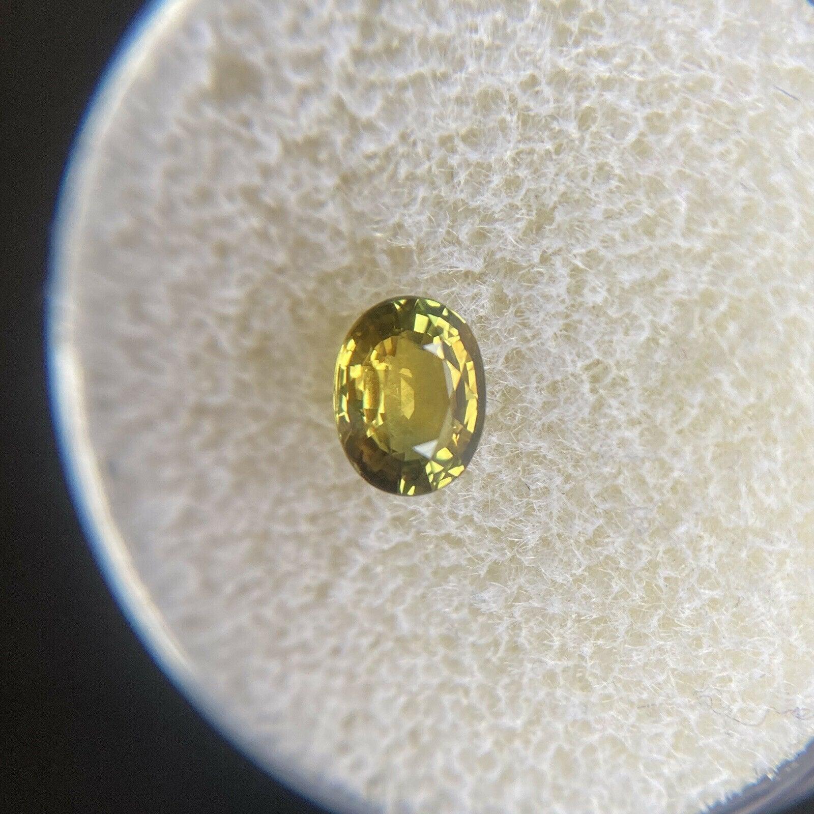 Vivid Green Yellow Untreated Sapphire 0.68ct Oval Cut Untreated 5.8 x 4.4mm Gem

Natural Greenish Yellow Sapphire Gemstone. 
0.68 Carat with a beautiful vivid green yellow colour and very good oval cut. Also has excellent clarity, very clean stone.