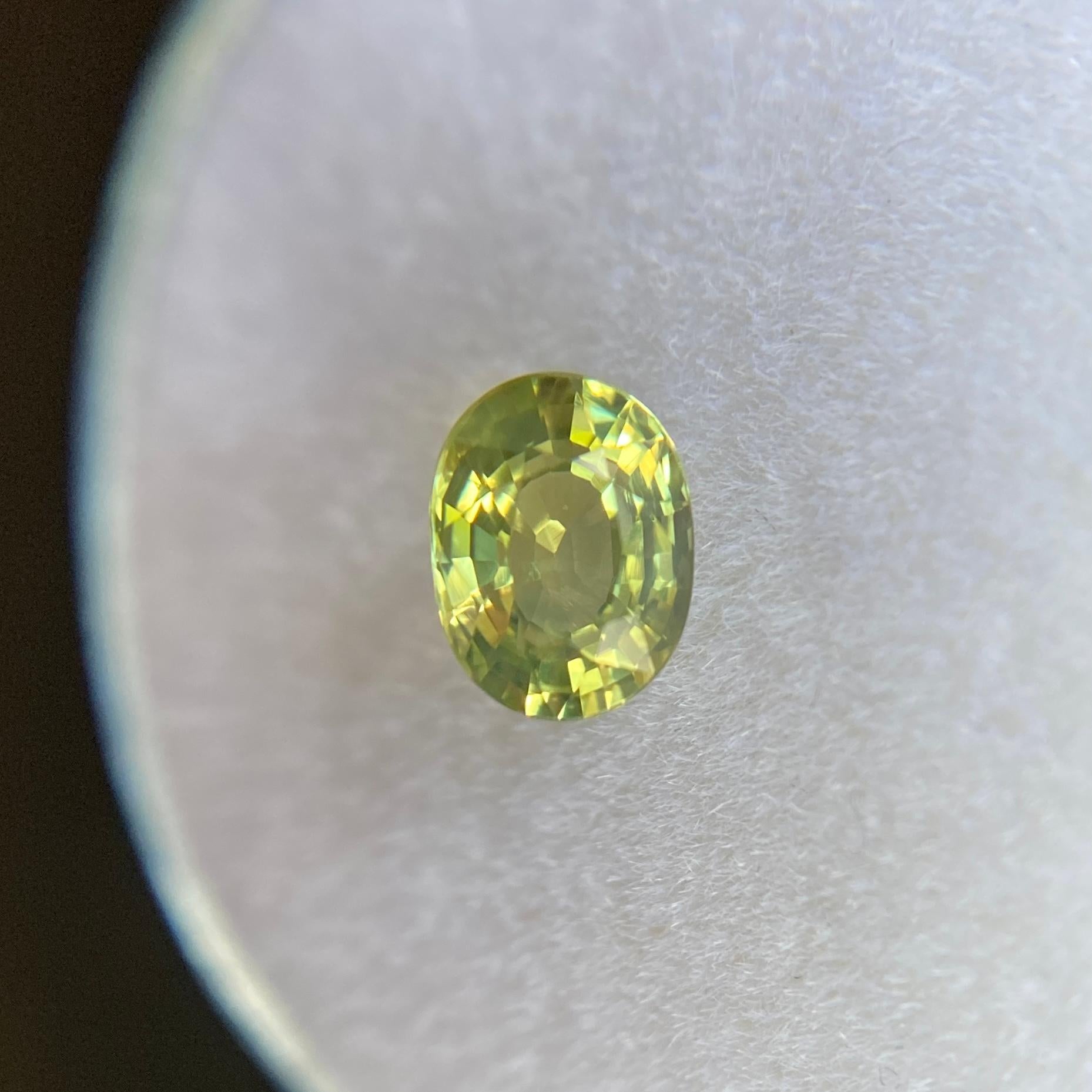 Natural Vivid Green Yellow Sapphire Gemstone.

0.80 Carat with a beautiful vivid green yellow colour and an excellent oval cut. Also has excellent clarity, very clean stone.

Totally untreated and unheated, very rare for natural sapphires.

Measures