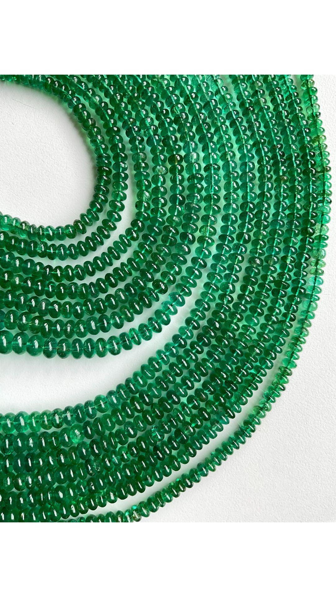 Vivid Green Zambian Emerald Layout Smooth Beads Natural Gemstone Beaded Necklace In New Condition In Jaipur, RJ